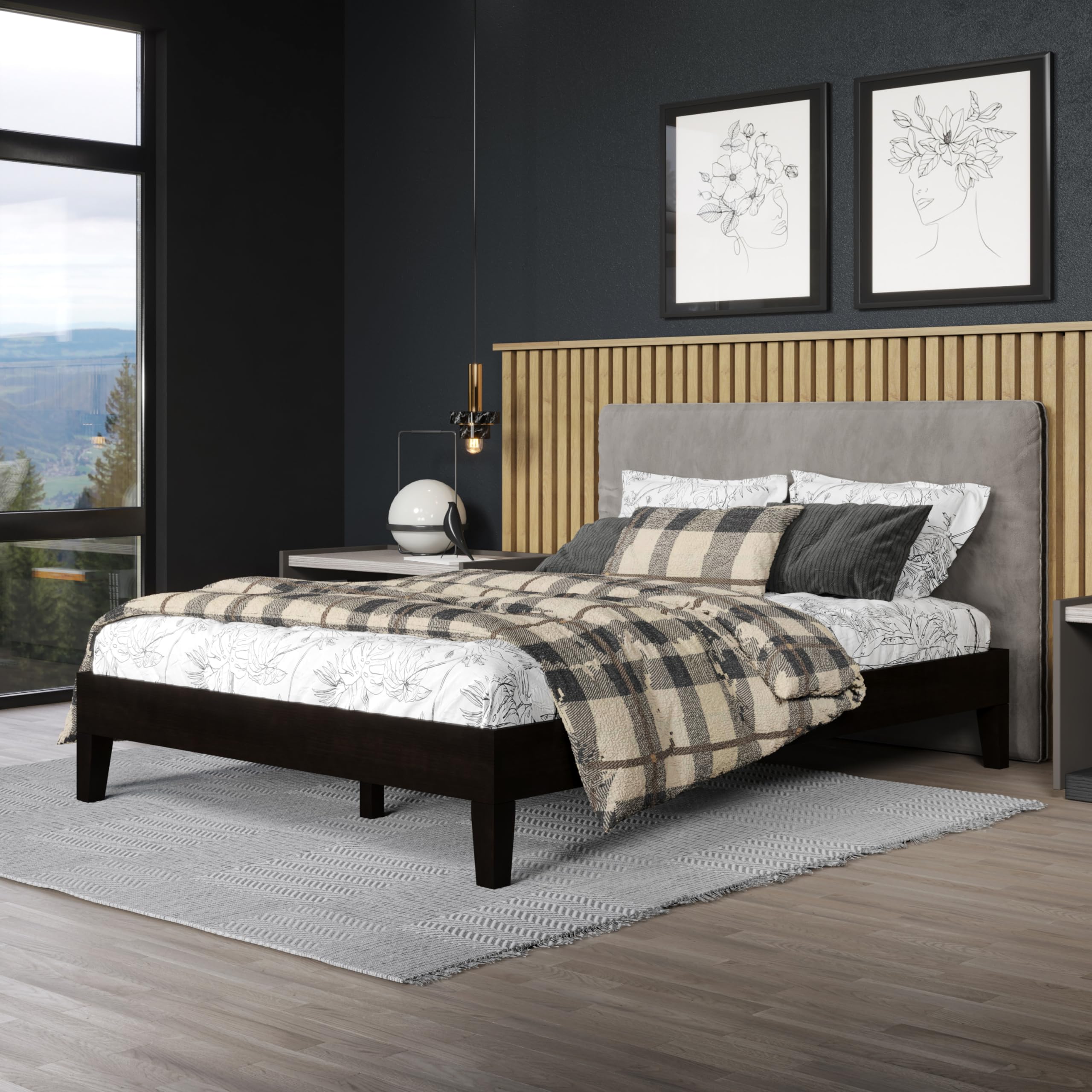 Steve Silver Co Nix Full Platform Bed, Farmhouse, Modern, or Transitional Styling, Solid Pine Wood, Bedroom, 28-Slat Dual-Zone System, No Box Spring Needed, 74.2" L x 53.5" W x 12" H, Black
