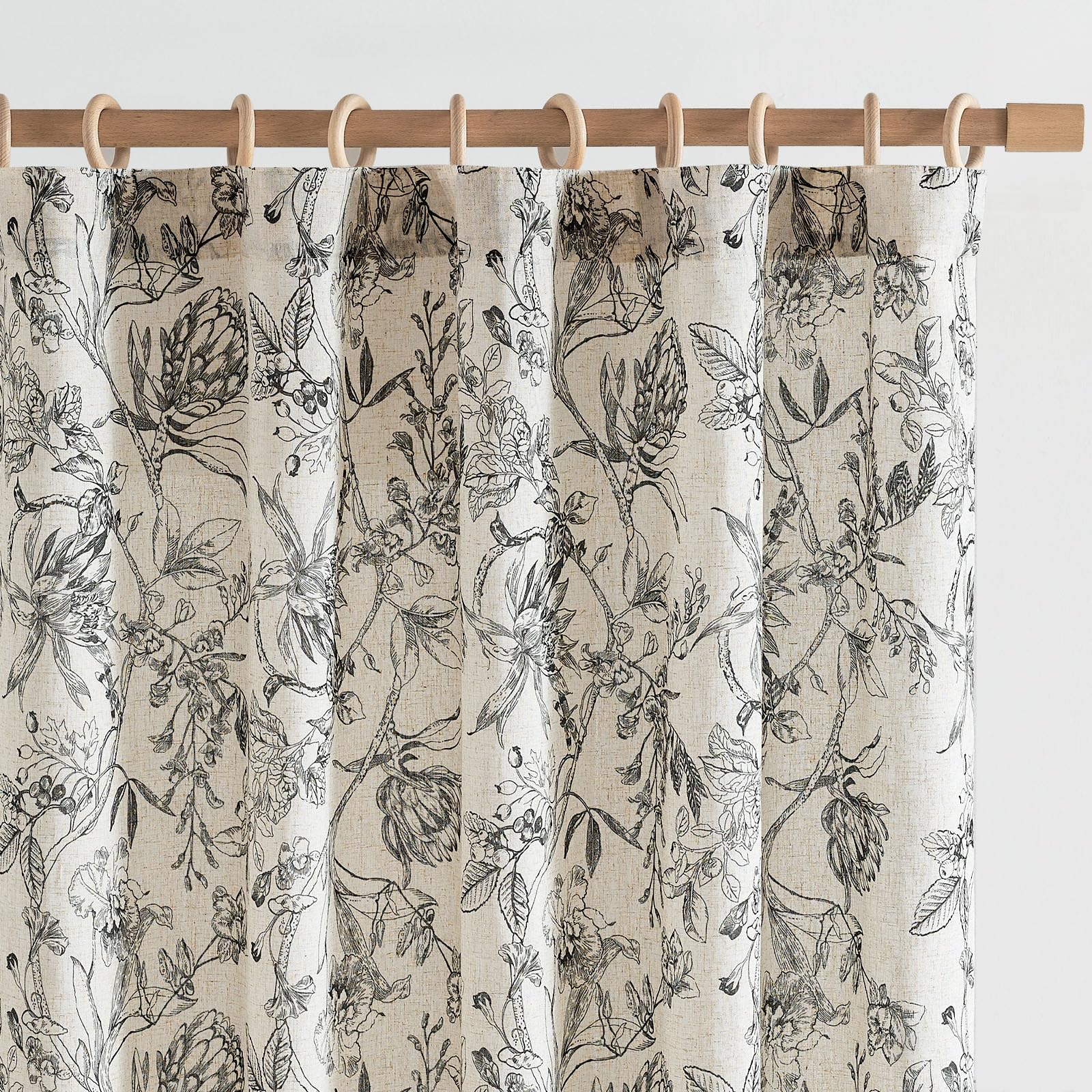 Jinchan Floral Curtains 84 Inches Long Black Flower Linen Farmhouse Curtains For Living Room French Country Vintage Curtains Rod Pocket Curtains Set 2 Panels Balck Flower Printed Curtains