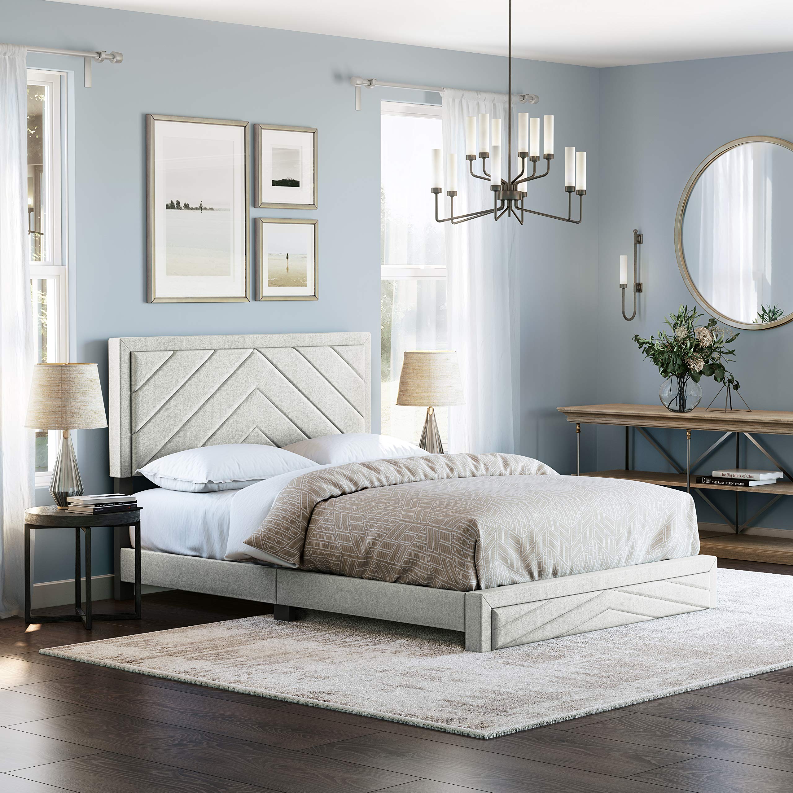 Boyd Sleep Barcelona Upholstered Platform Bed with Headboard and Durable Mattress Foundation with Strong 14 Wood Slat Supports, No BoxSpring Required: Queen, White