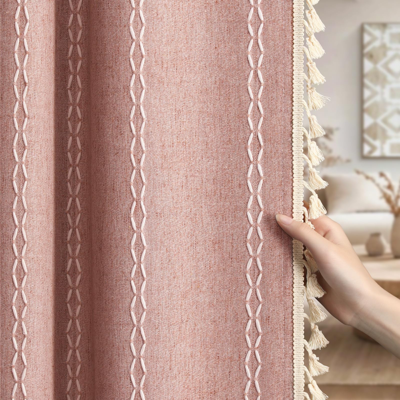 XOGUIBO Coral Curtains Boho Blackout Curtains 2 Panels 84 Inch for Living Room Bedroom, Linen Texture Farmhouse Curtains with Ta