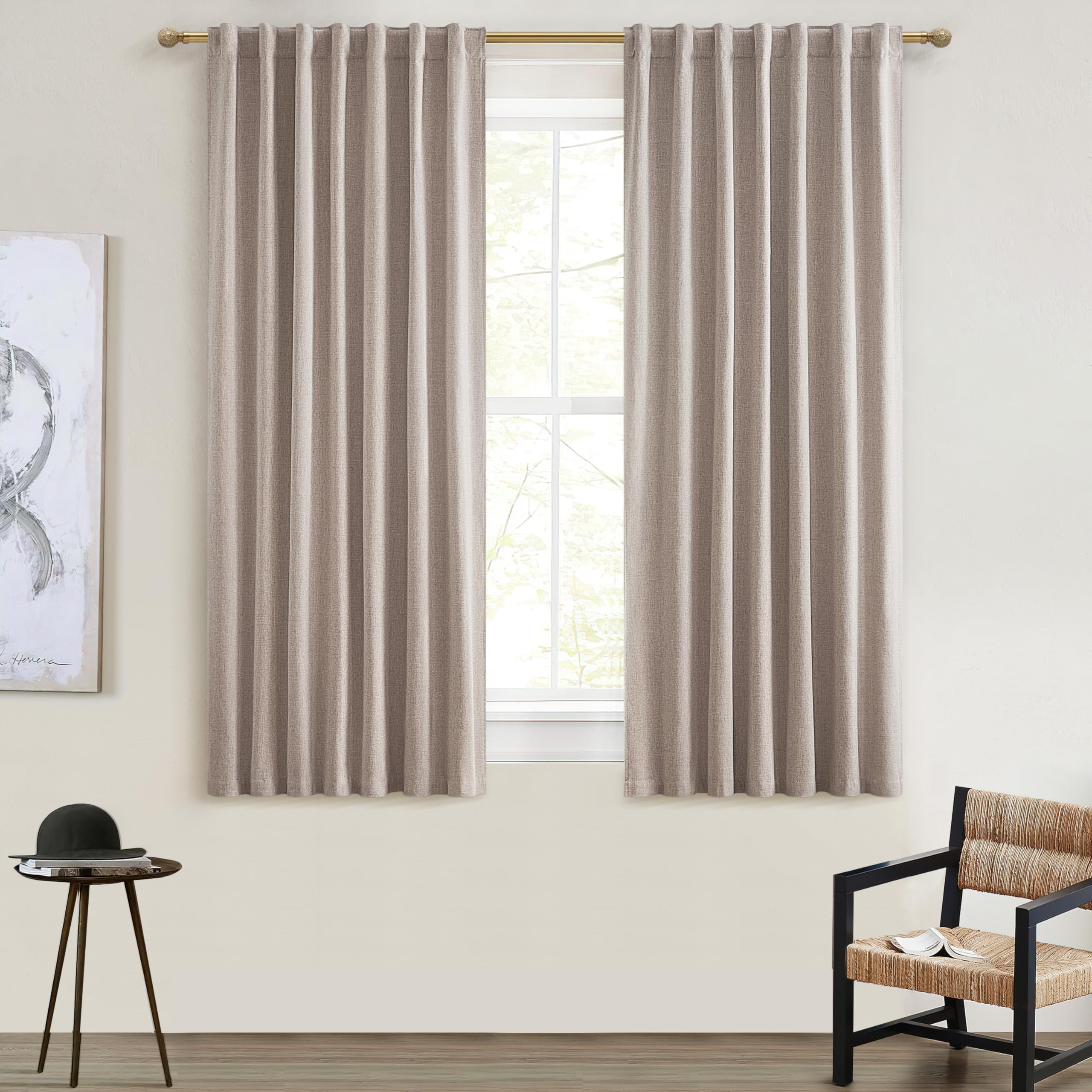 QJmydeco Small Blackout Kitchen Curtains 45 Inch Length, Rustic Farmhouse Pleat Burlap Basement Curtains for Small Window Room D