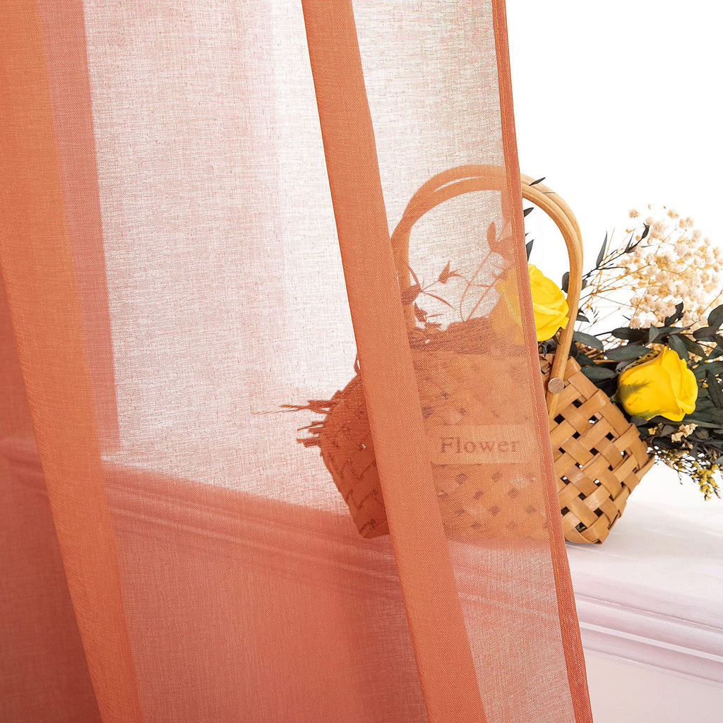 Miulee Burnt Orange Linen Textured Sheer Curtains 63 Inch Length For Bedroom/Living Room Semi Transparent Farmhouse Fall Decor Window Net Panels With Rod Pocket 2 Panels Set W 54 X L 63 Inches