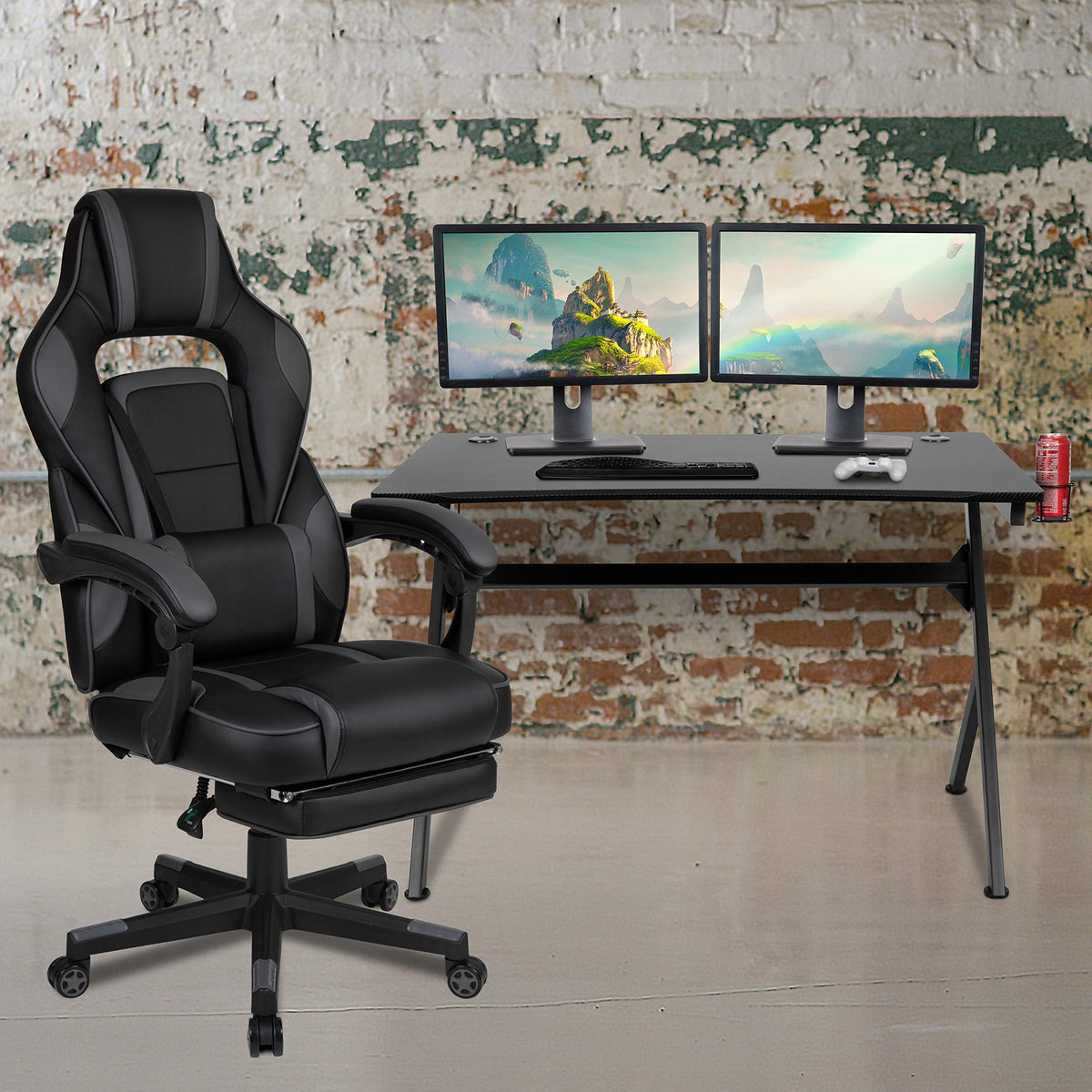 Flash Furniture Black Gaming Desk with Cup Holder/Headphone Hook/2 Wire Management Holes & Black Reclining Back/Arms Gaming Chair with Footrest