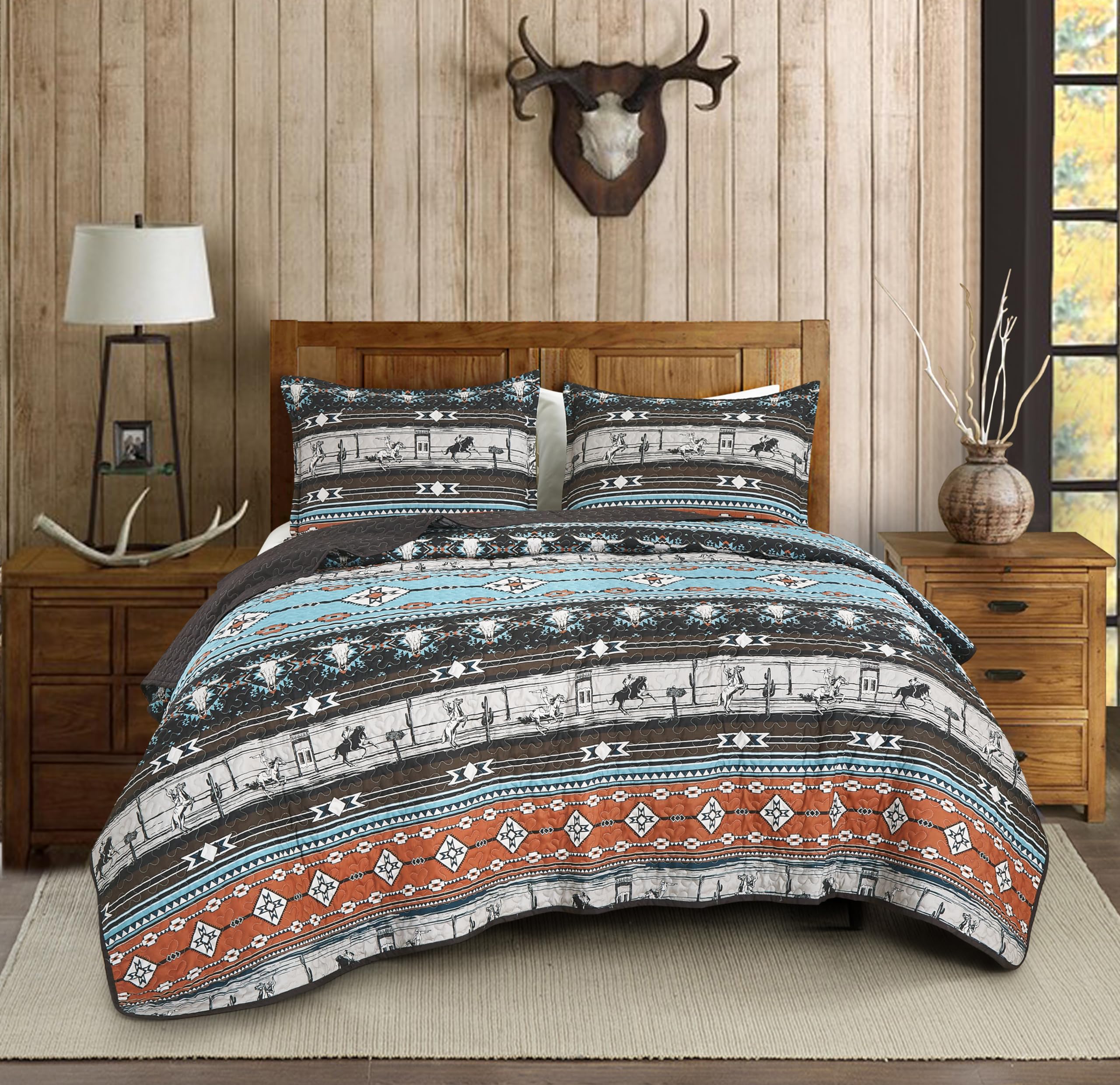 Chezmoi Collection Boone 3-Piece Southwestern Cowboys Rodeo Quilt Set Full - Multicolor Blue Brown Beige Clay Printed Microfiber