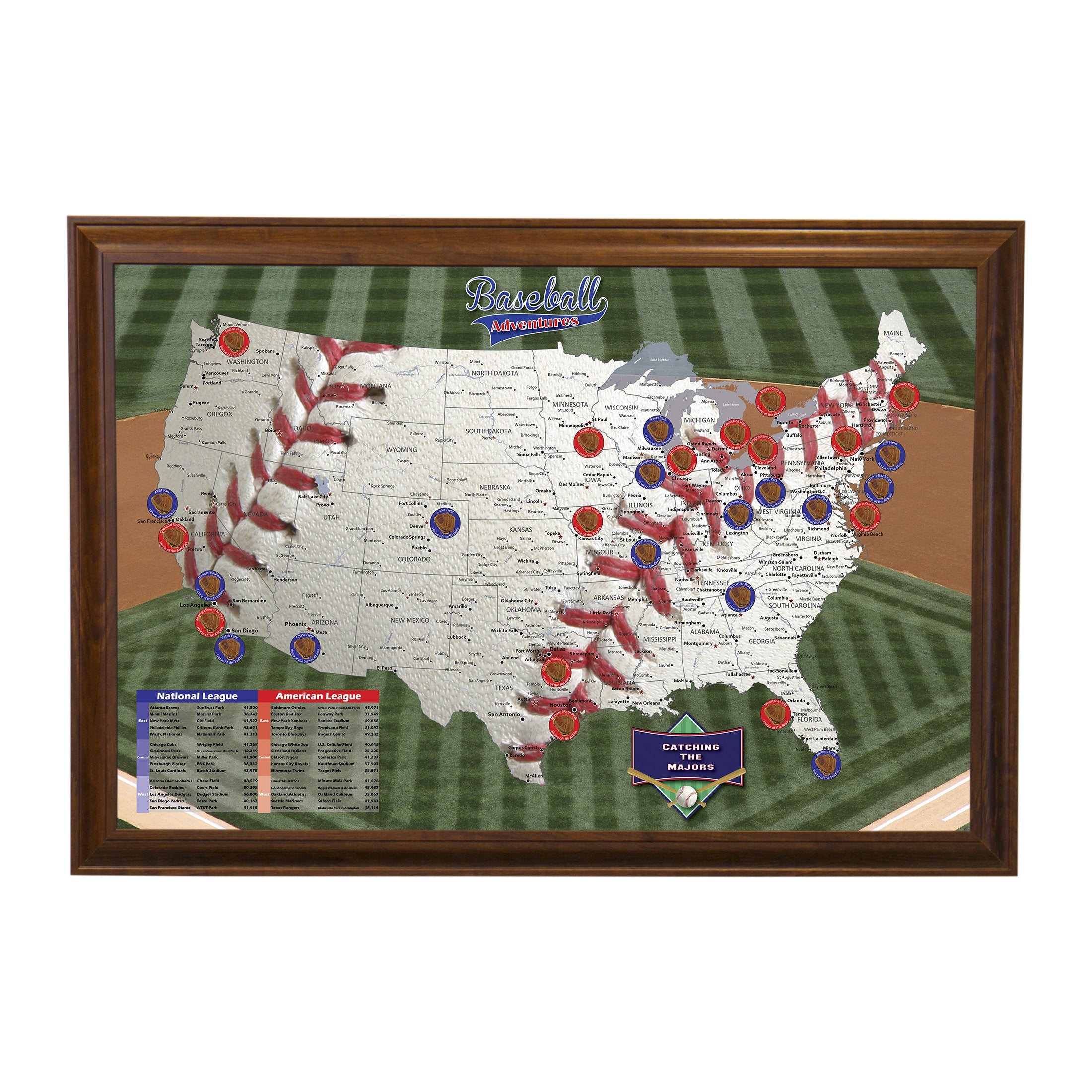 Push Pin Travel Maps Customizable Wall Art - Baseball Adventures - Brown Frame - Framed Pin Map, Includes 150 Pins - Handcrafted