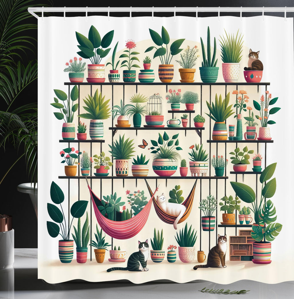 Ambesonne Aesthetic Shower Curtain, Indoor Garden Illustration with Cats and Bohemian Pots Print, Cloth Fabric Bathroom Decor Se