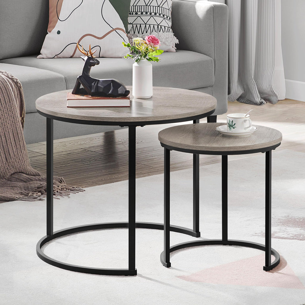 Yaheetech Nesting Coffee Table Set Of 2, Nesting Table, Rustic Stacking Side Tables, Nesting End Table Set W/Round Wooden Tabletop And Sturdy Metal Base For Living Room,Small Space, Gray