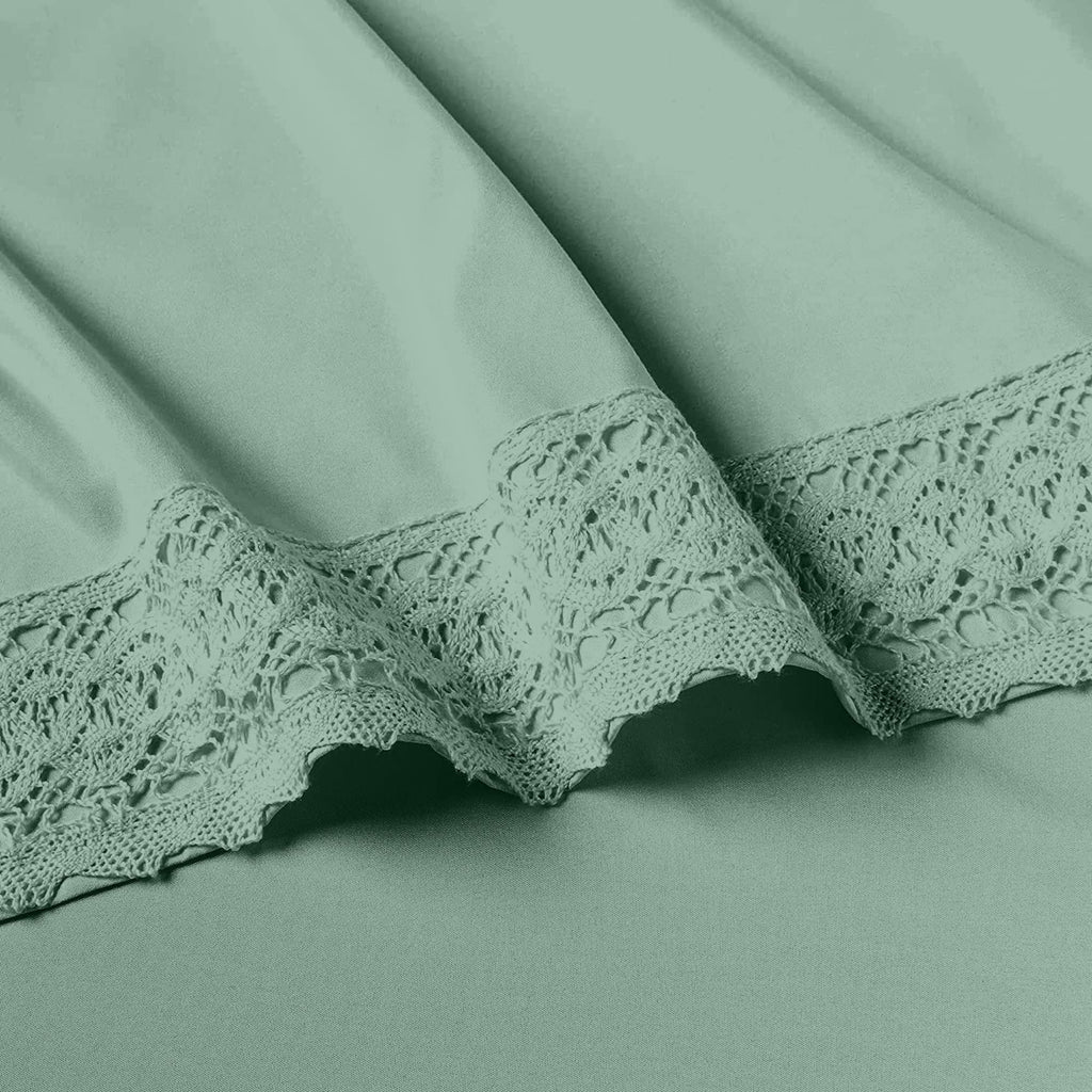 Modern Threads Seafoam Microfiber Bed Linen Set - 4Pcs Luxurious Crochet Lace Sheets & Pillowcases, King, Deep Pocket, Stain Res