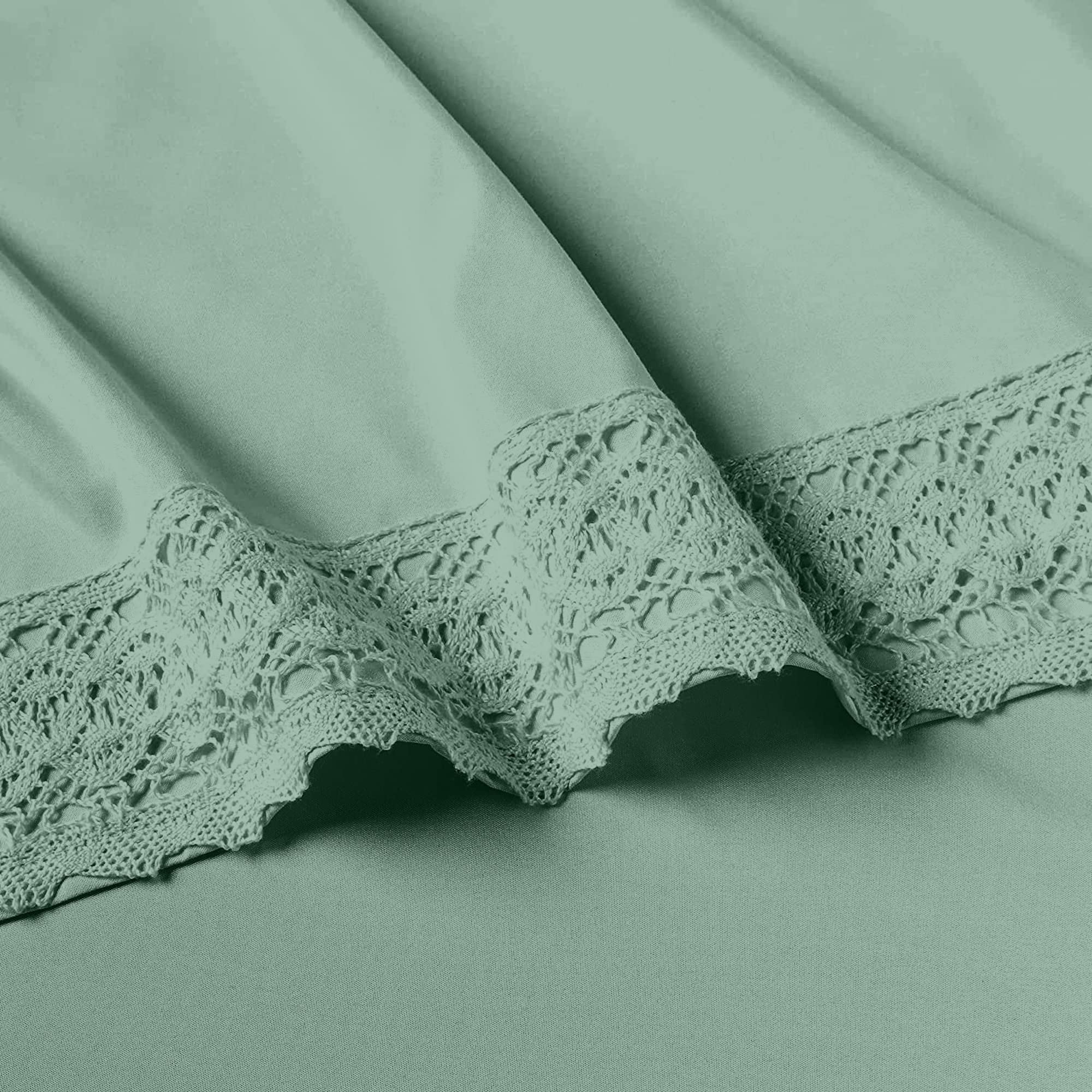 Modern Threads Seafoam Microfiber Bed Linen Set - 4Pcs Luxurious Crochet Lace Sheets & Pillowcases, King, Deep Pocket, Stain Res