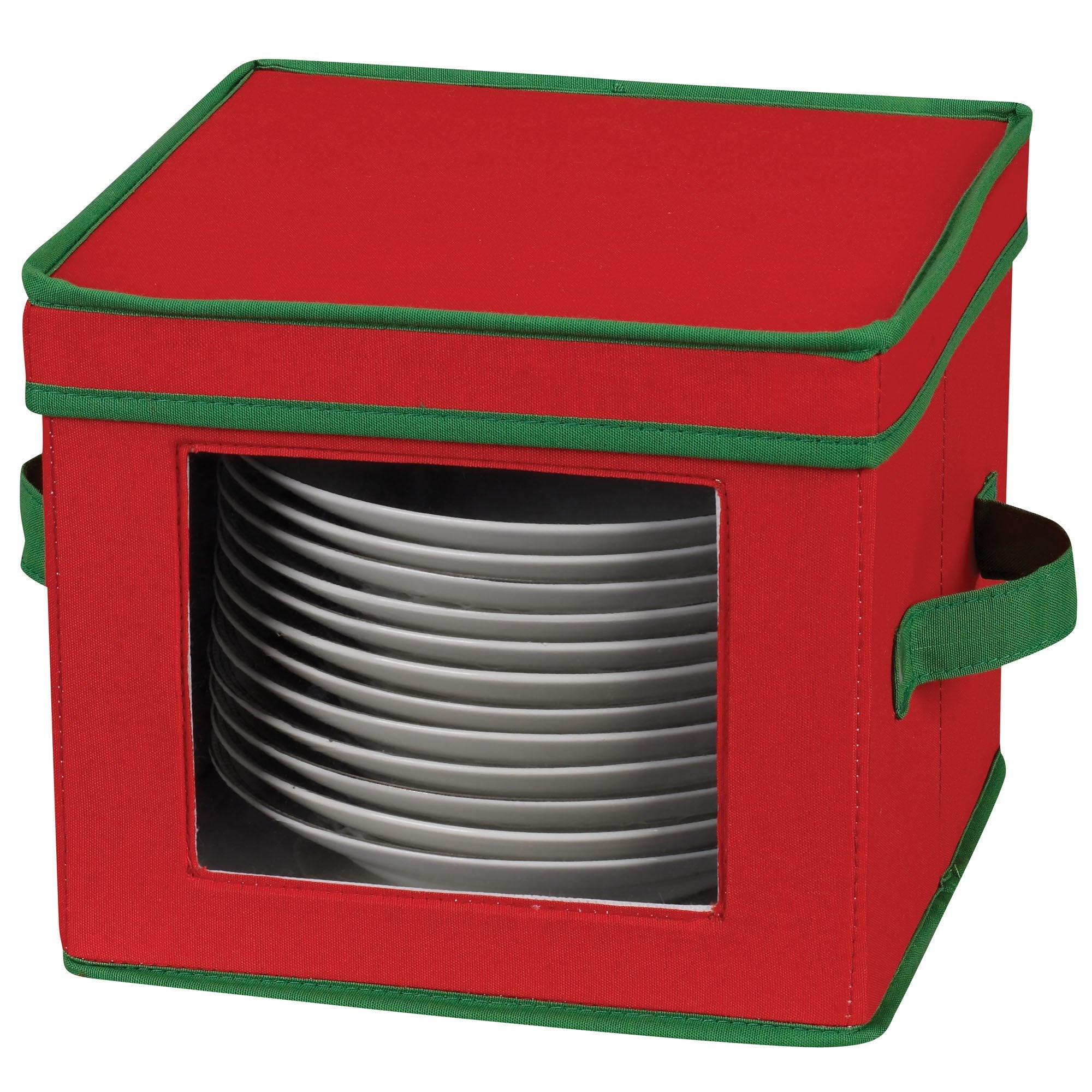 Household Essentials 534Red Holiday China Dinnerware Storage For Salad Plates Or Bowls | Removable Lid | Red Canvas With Green T