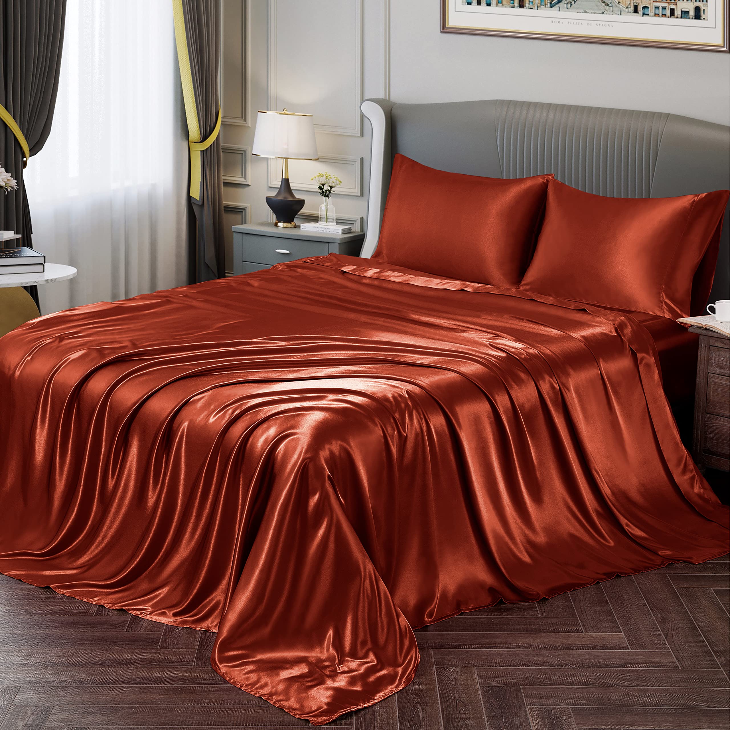 Vonty Satin Sheets California King Silky Soft Satin Bed Sheets Rust Orange Satin Sheet Set, 1 Deep Pocket Fitted Sheet + 1 Flat