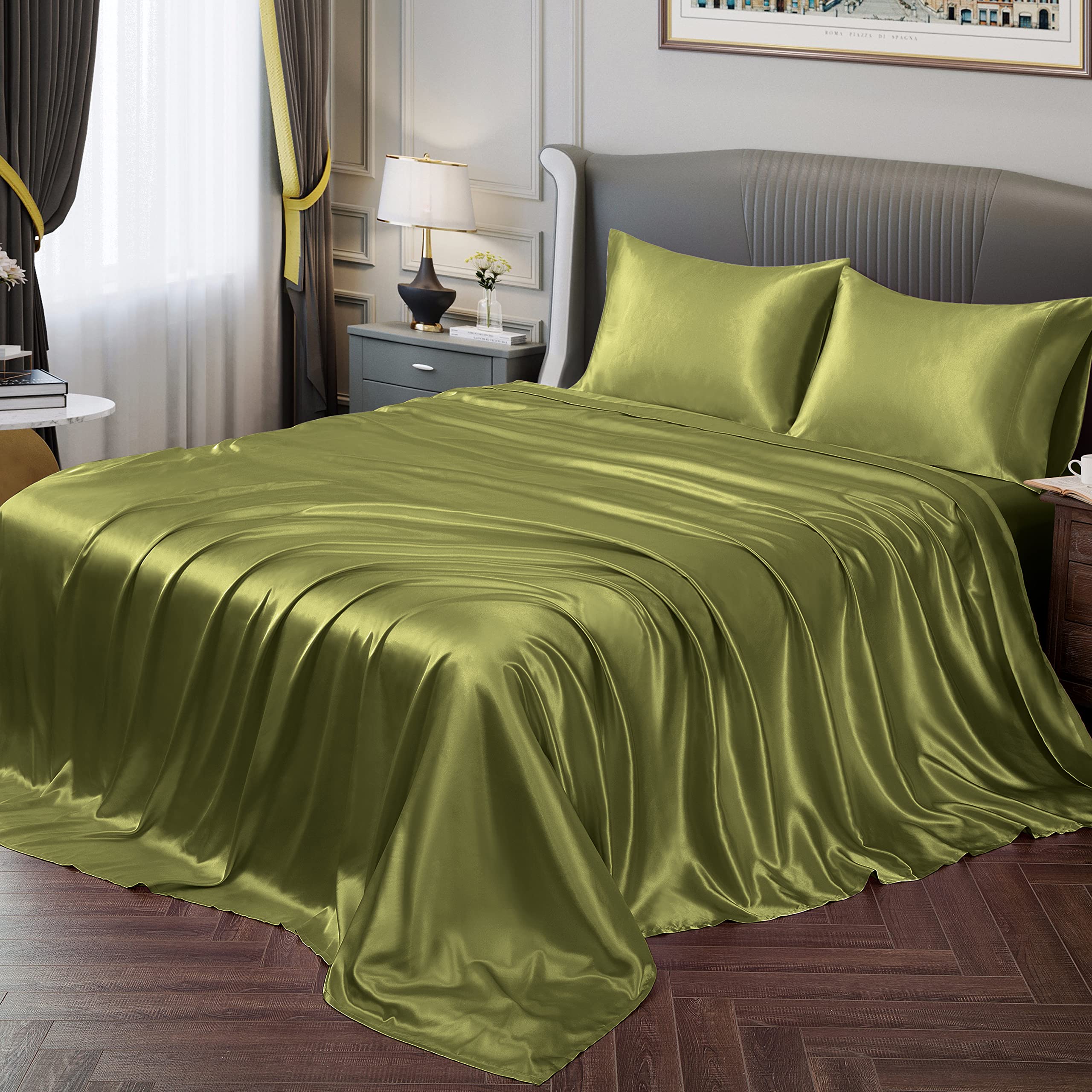 Vonty Satin Sheets Full Silky Soft Satin Bed Sheets Sage Green Satin Sheet Set, 1 Deep Pocket Fitted Sheet + 1 Flat Sheet + 2 Pi