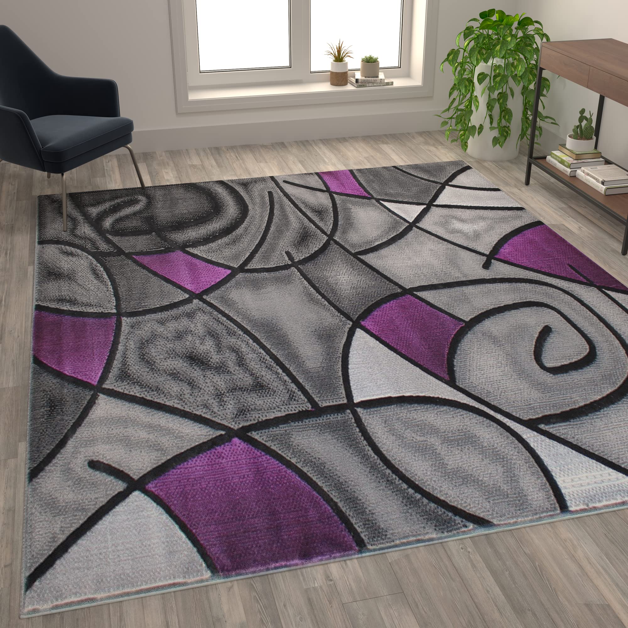 Flash Furniture Jubilee Collection Abstract Area Rug - Colorfast Purple Olefin Rug - 8' X 10' Area Rug - Jute Backing - Living Room, Bedroom, & Family Room
