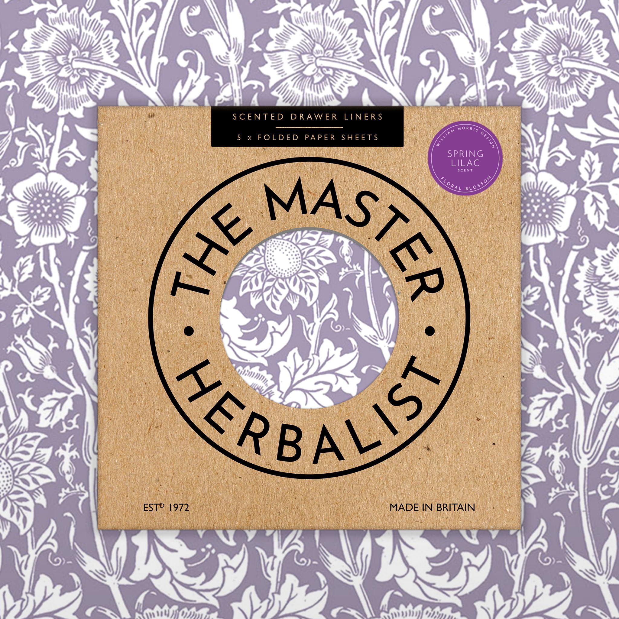 The Master Herbalist Lilac Scented Drawer Liners in a Purple William Morris Design | Pack of 5 Folded Sheets | Contains Essentia