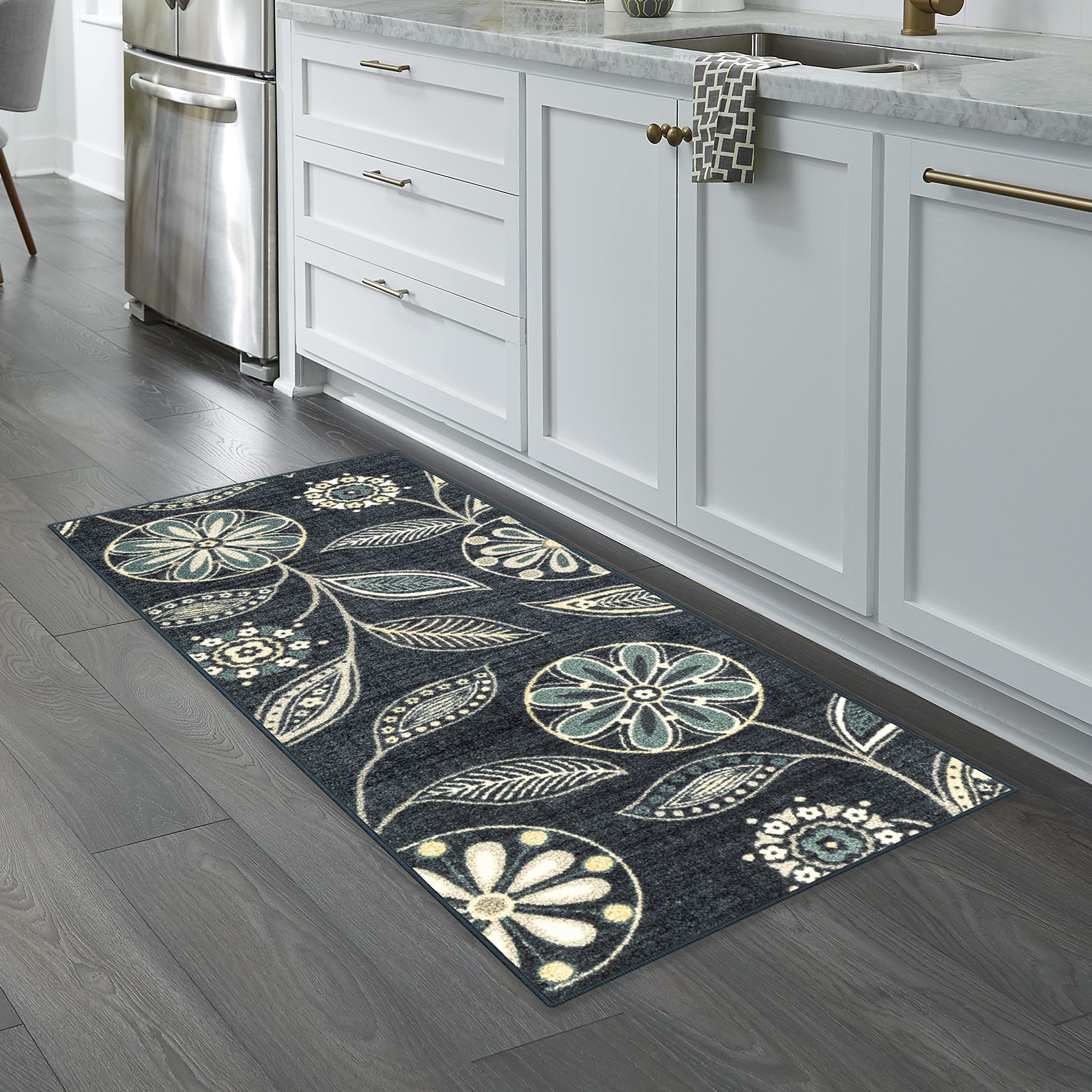 Maples Rugs Reggie Floral Runner Rug Non Skid Washable Hallway Entry Carpet [Made in USA], Persian Blue, 2 x 5