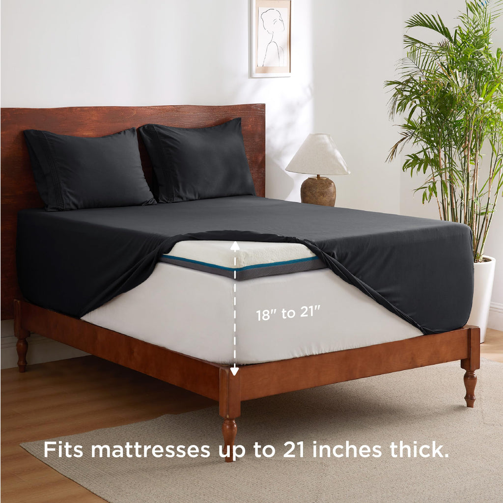 Bedsure Deep Pocket Queen Sheets Set - Fits Mattresses Up To 21' Thick, 4 Piece Air Mattress Sheets With Deep Pocket, Moisture Wicking Soft Cooling Bedding Sheets & Pillowcases, Black