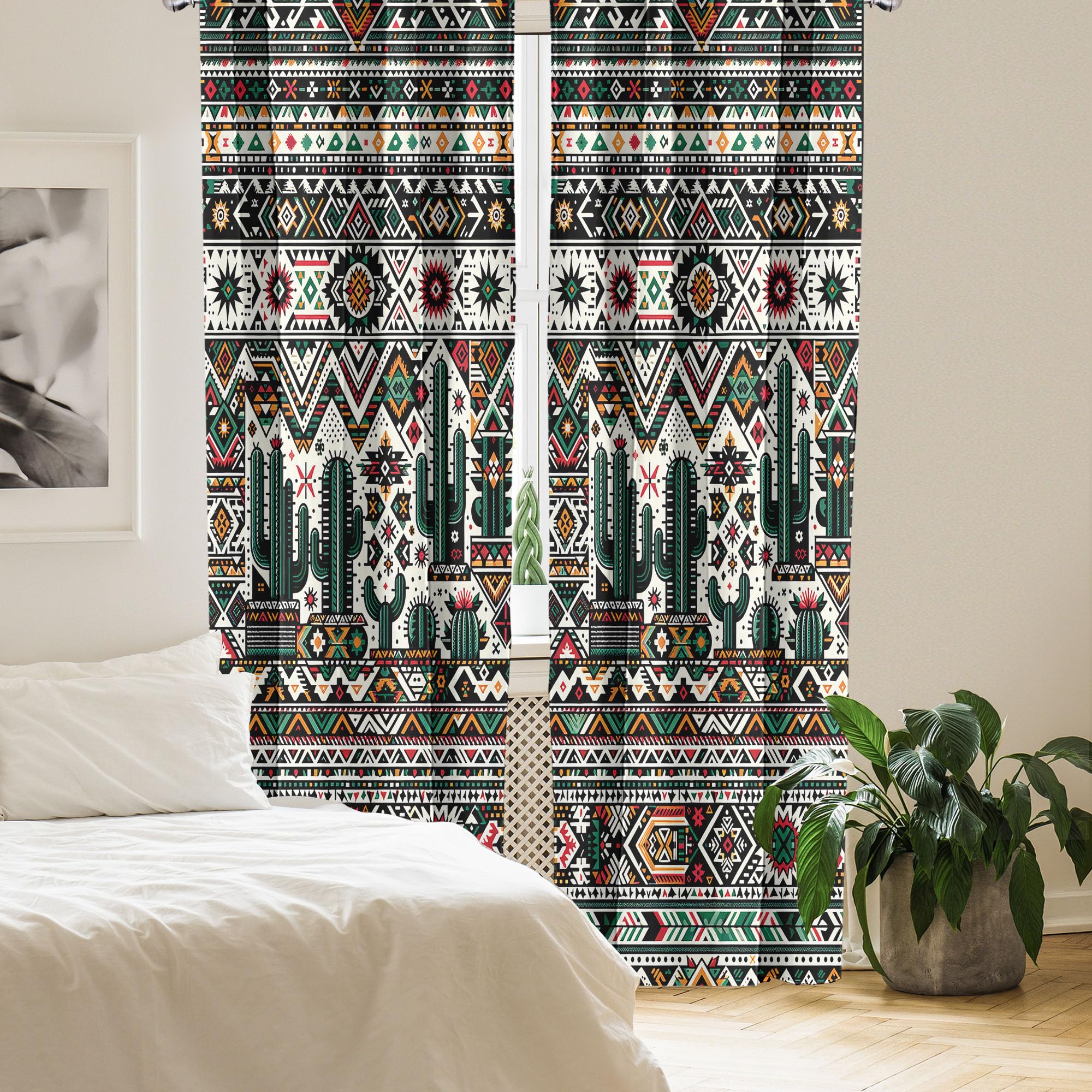 Ambesonne Mexican Window Curtains Pack Of 2, American Traditional Art Cactus With Traditional Aztec Chevron Details, Lightweight