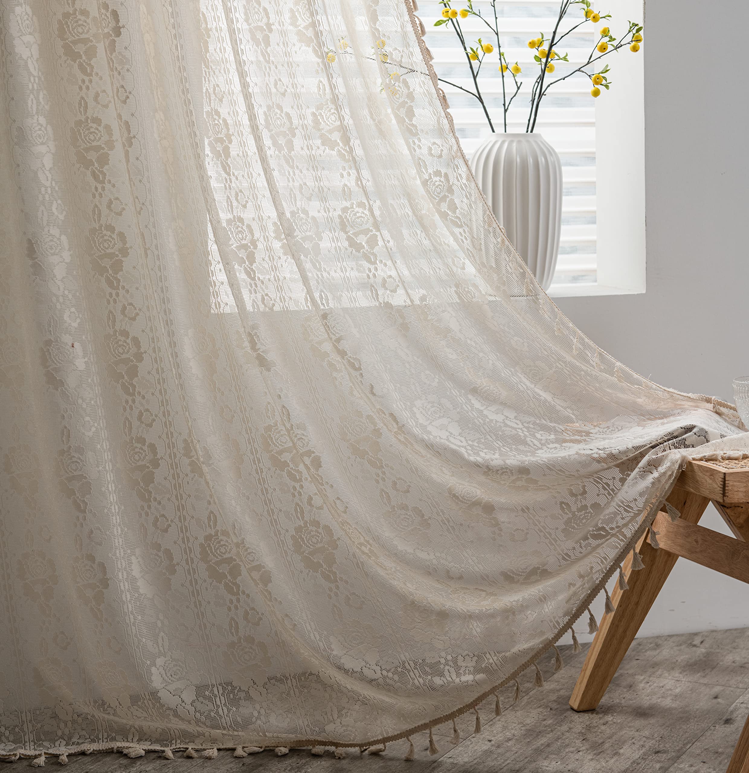 Sutuo Home Crochet Boho Curtain Rose Florals Embroidery, Sheer Lace Handmade Tassels Knitted Window Treatment Vintage Rustic Boh