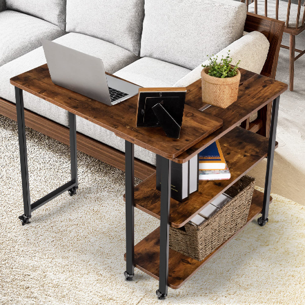 Tangkula 360° Free Rotating Sofa Side Table, Patented Mobile Couch Desk With 2-Tier Storage Shelves, Movable Laptop Table With Sturdy Metal Frame, Couch Table Snack Table For Home Office