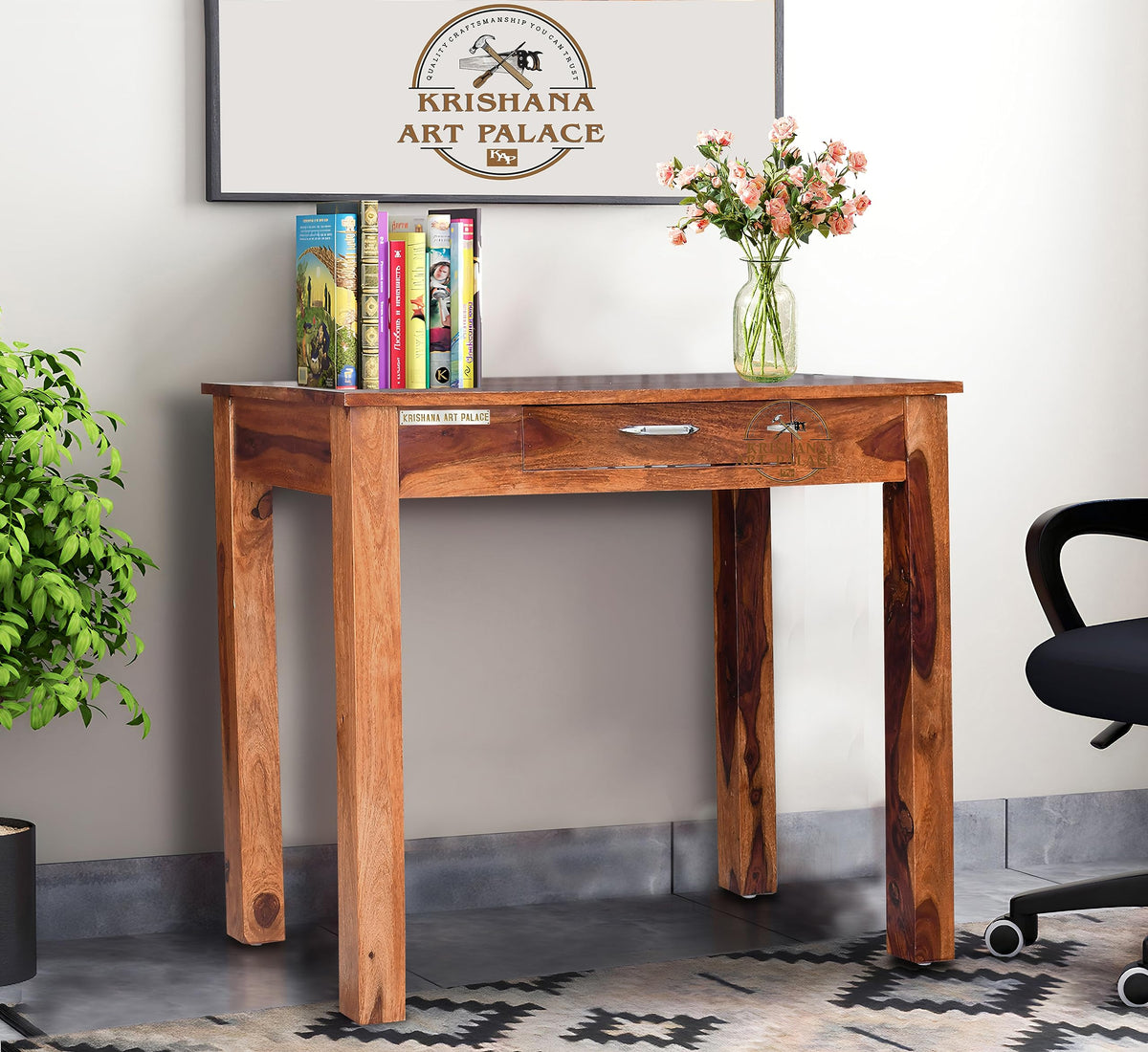 Krishana Art Palace Sheesham Wood Writing Study Desk Computer Table For Home And Office With 1 Drawer (Honey Finish)