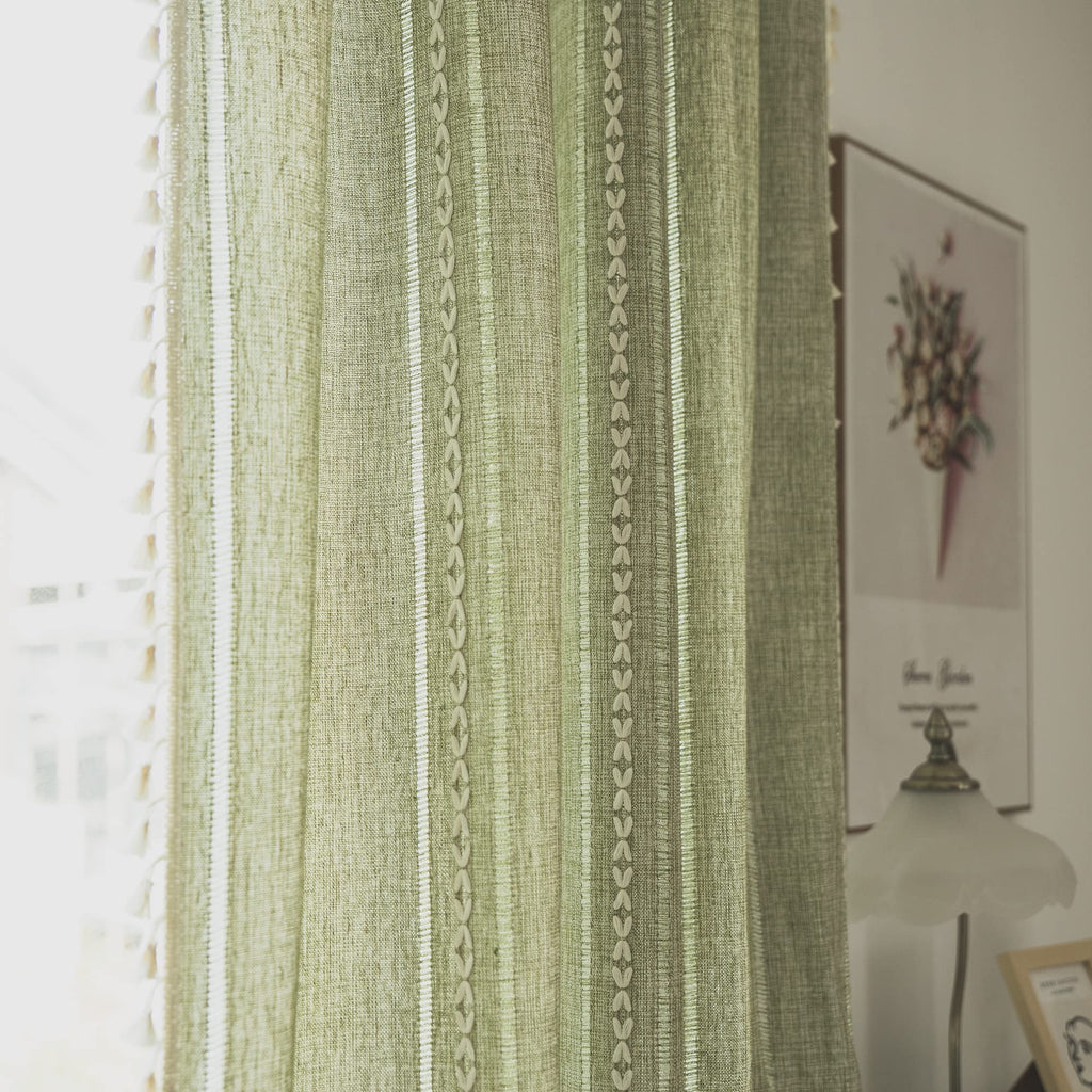 Sutuo Home Boho Curtains For Living Room Farmhouse, Semi-Blackout French Country Striped Linen Vintage Shabby Chic Tassels Hollow Window Treatment Bohemian Drape, 1 Panel 52' W X 90' L Green
