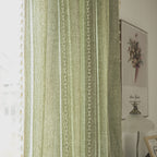 Sutuo Home Boho Curtains For Living Room Farmhouse, Semi-Blackout French Country Striped Linen Vintage Shabby Chic Tassels Hollow Window Treatment Bohemian Drape, 1 Panel 52' W X 90' L Green