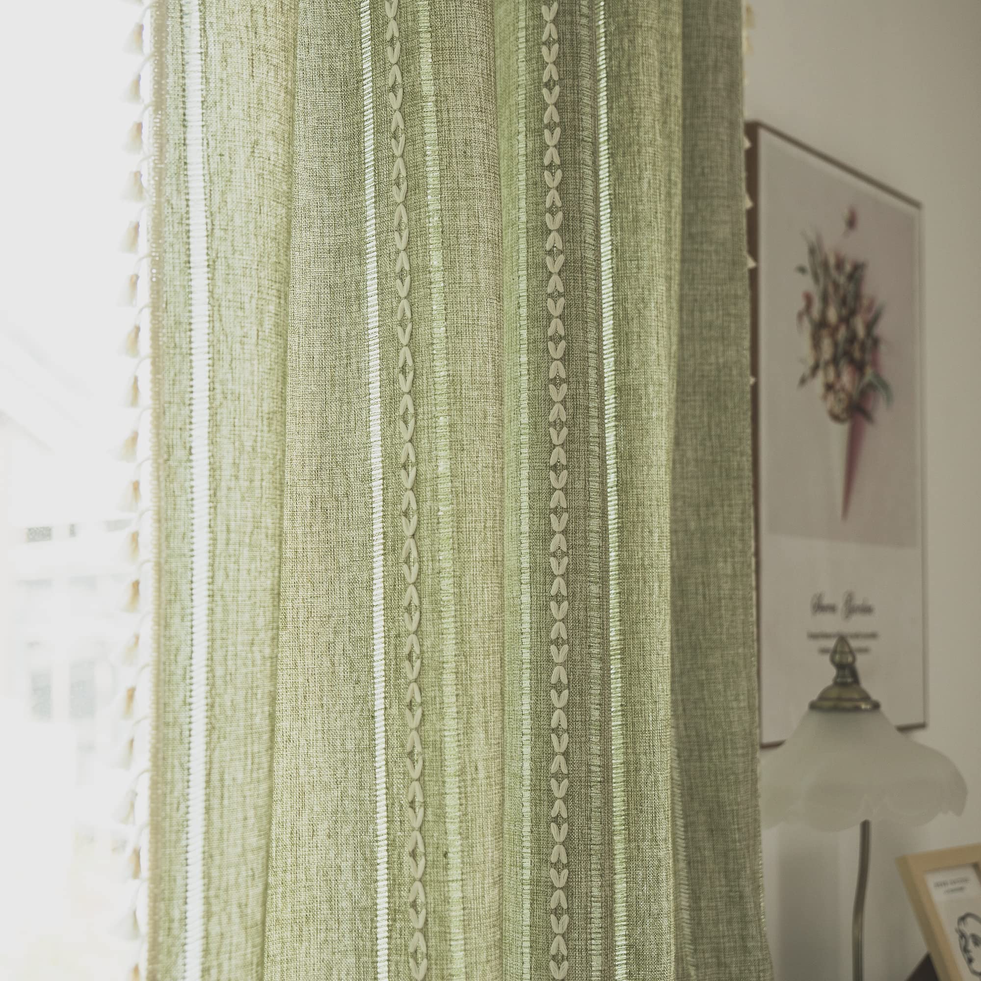 Sutuo Home Boho Curtains For Living Room Farmhouse, Semi-Blackout French Country Striped Linen Vintage Shabby Chic Tassels Hollow Window Treatment Bohemian Drape, 1 Panel 52' W X 90' L Green