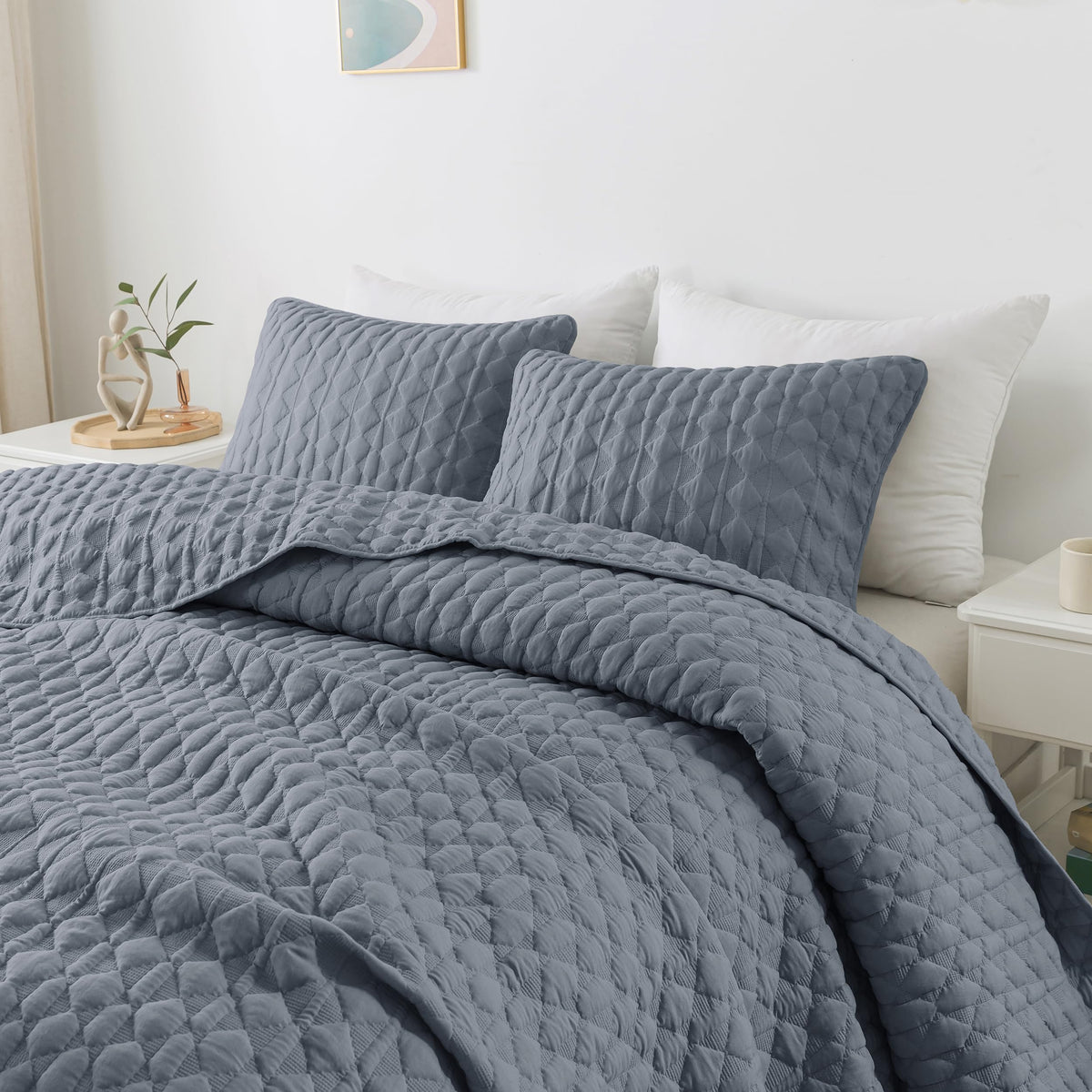 Wdcozy Blue Quilt King Size Bedding Sets With 2 Pillow Shams, Lightweight Soft Bedspread Coverlet, Quilted Blanket Thin Comforte