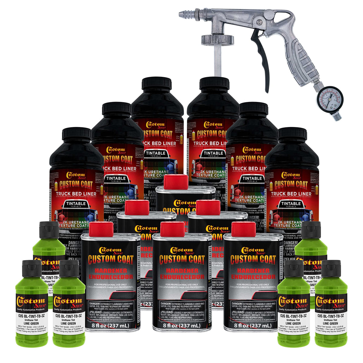 Custom Coat Lime Green 1.5 Gallon (6 Quart) Urethane Spray-On Truck Bed Liner Kit With Spray Gun And Regulator - Easy Mixing, Sh