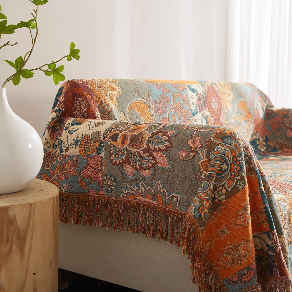 Boho Throw Blanket For Bed 90   X98   , 100% Cotton Woven Blanket For Couch Sofa, Ultra Soft 4-Layer Muslin Quilt With Patchwork