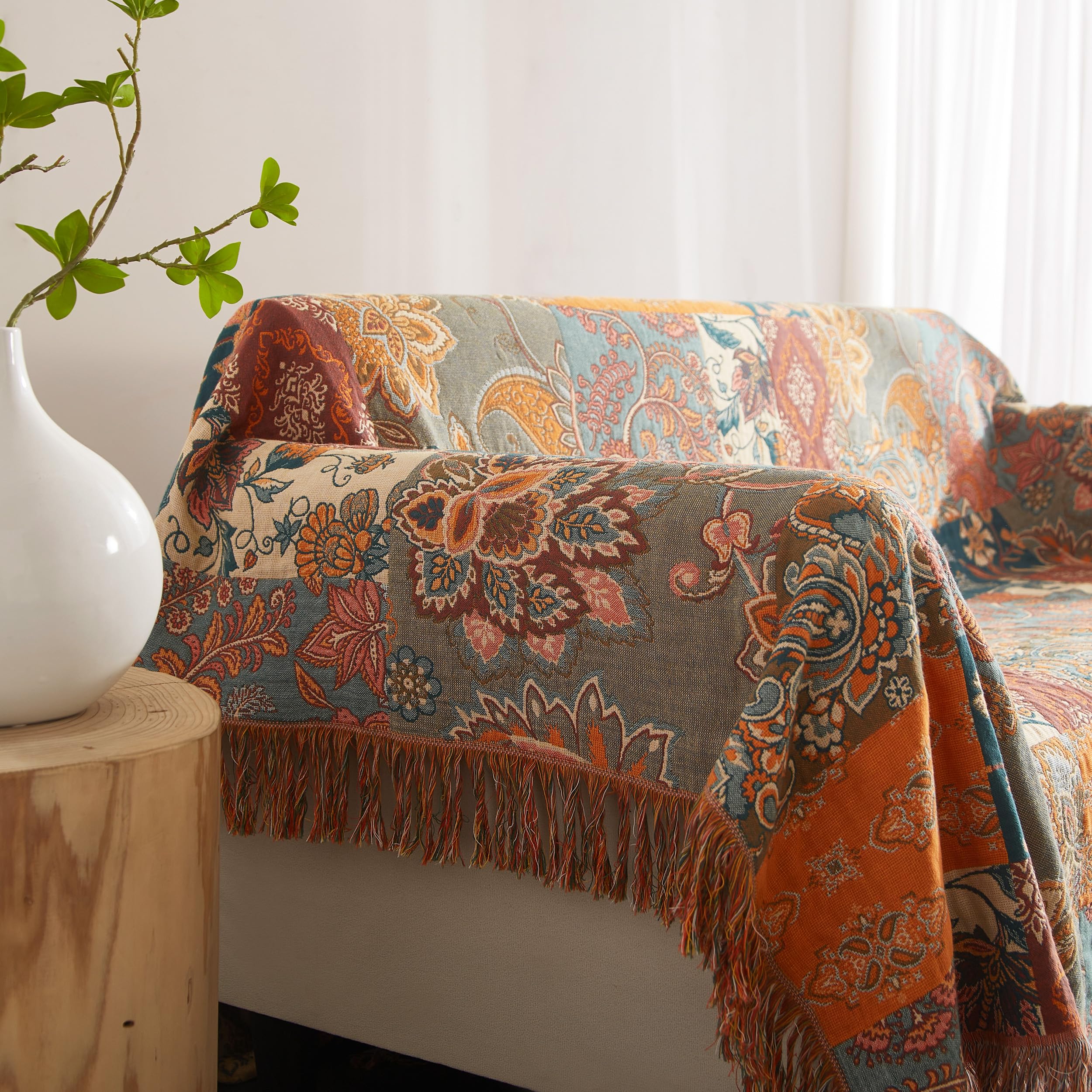 Boho Throw Blanket For Bed 90   X98   , 100% Cotton Woven Blanket For Couch Sofa, Ultra Soft 4-Layer Muslin Quilt With Patchwork