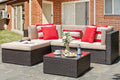 Vongrasig 5 Piece Patio Furniture Sets, All-Weather Brown Pe Wicker Outdoor Couch Sectional Set, Small Conversation Set For Garden/Patio W/Ottoman, Glass Table, Red Pillow, Beige