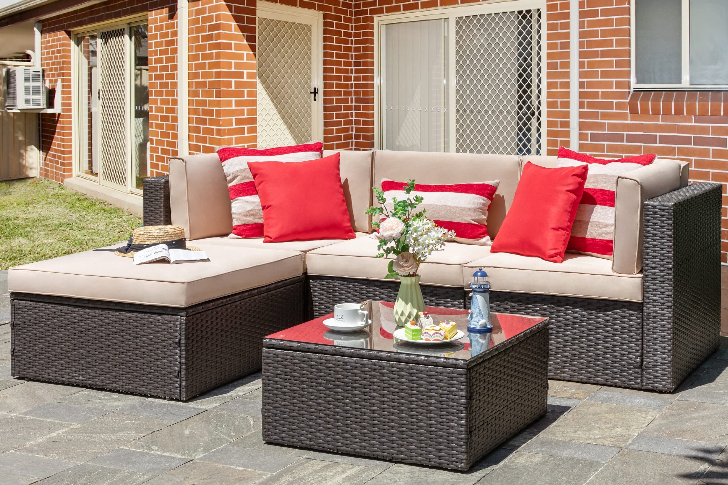 Vongrasig 5 Piece Patio Furniture Sets, All-Weather Brown Pe Wicker Outdoor Couch Sectional Set, Small Conversation Set For Garden/Patio W/Ottoman, Glass Table, Red Pillow, Beige