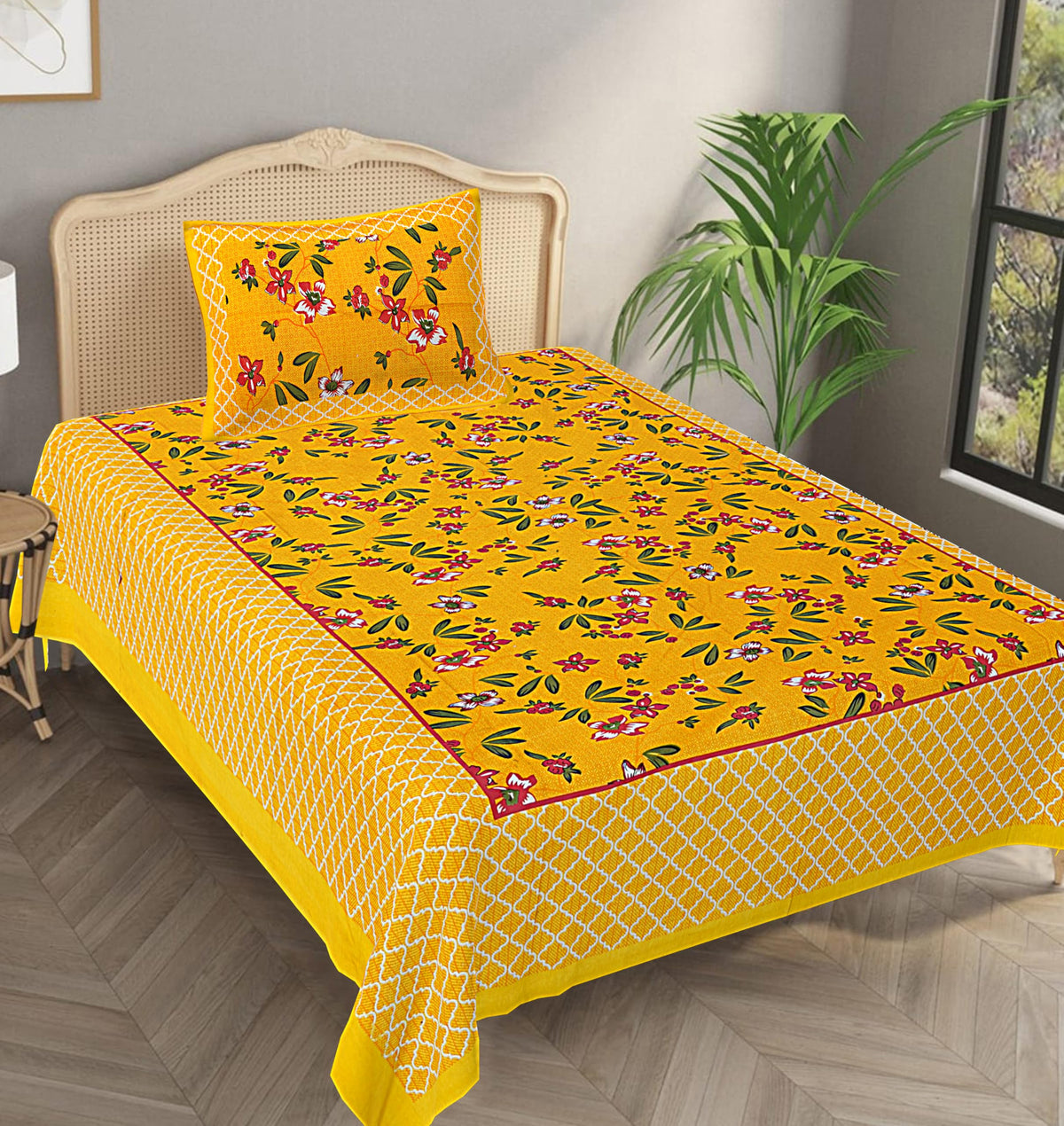 JAIPUR PRINTS 100% Cotton Jaipuri Traditional Single Bedsheet with 1 Pillow Covers  Single Sale 16