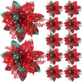 Canlierr 5.7 Inch Artificial Poinsettias Christmas Glitter Flowers with Clips Xmas Tree Flower Ornament Poinsettias Decor (Red G