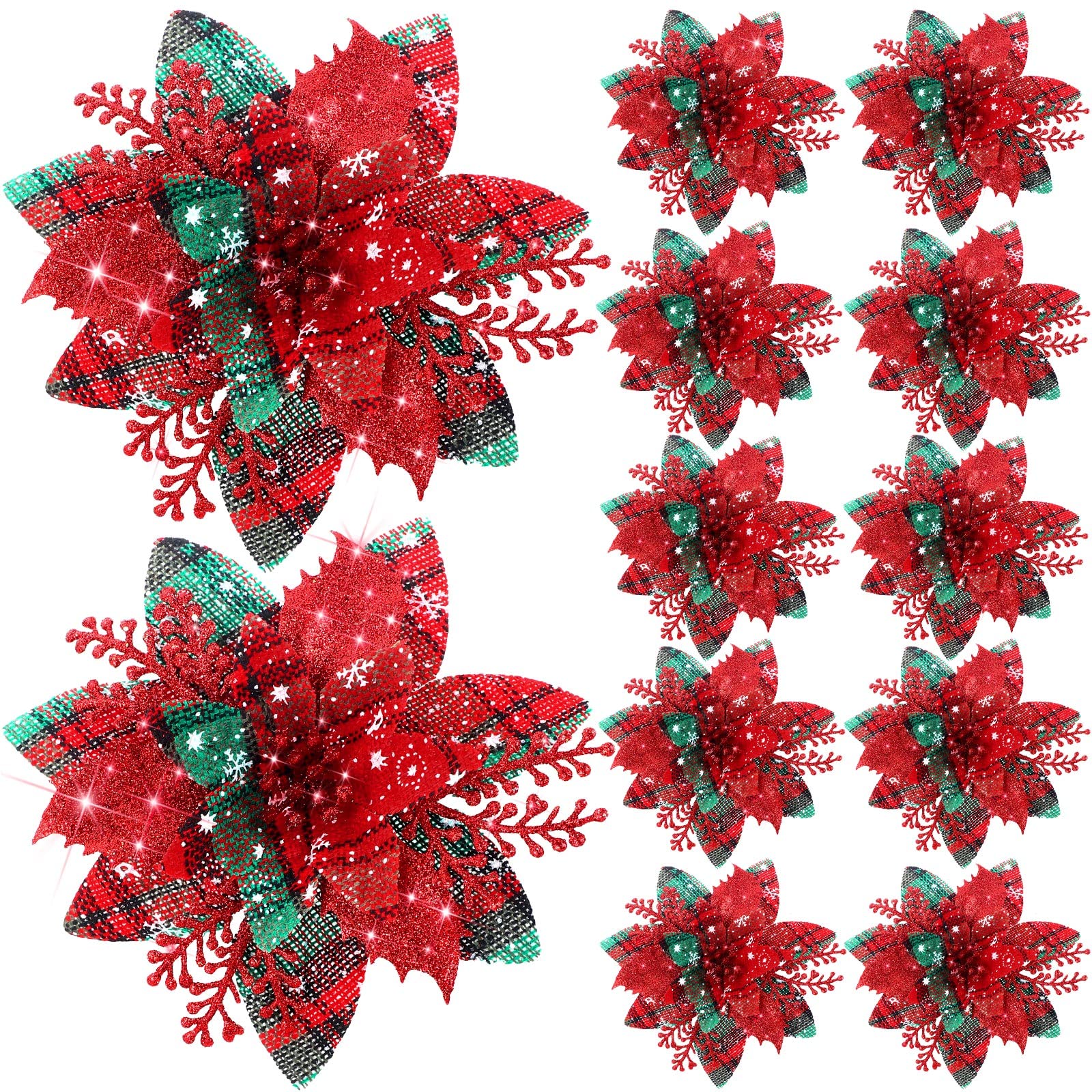 Canlierr 5.7 Inch Artificial Poinsettias Christmas Glitter Flowers with Clips Xmas Tree Flower Ornament Poinsettias Decor (Red G
