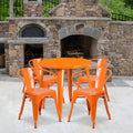 Flash Furniture Commercial Grade 30" Round Orange Metal Indoor-Outdoor Table Set with 4 Arm Chairs