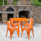 Flash Furniture Commercial Grade 30" Round Orange Metal Indoor-Outdoor Table Set with 4 Arm Chairs