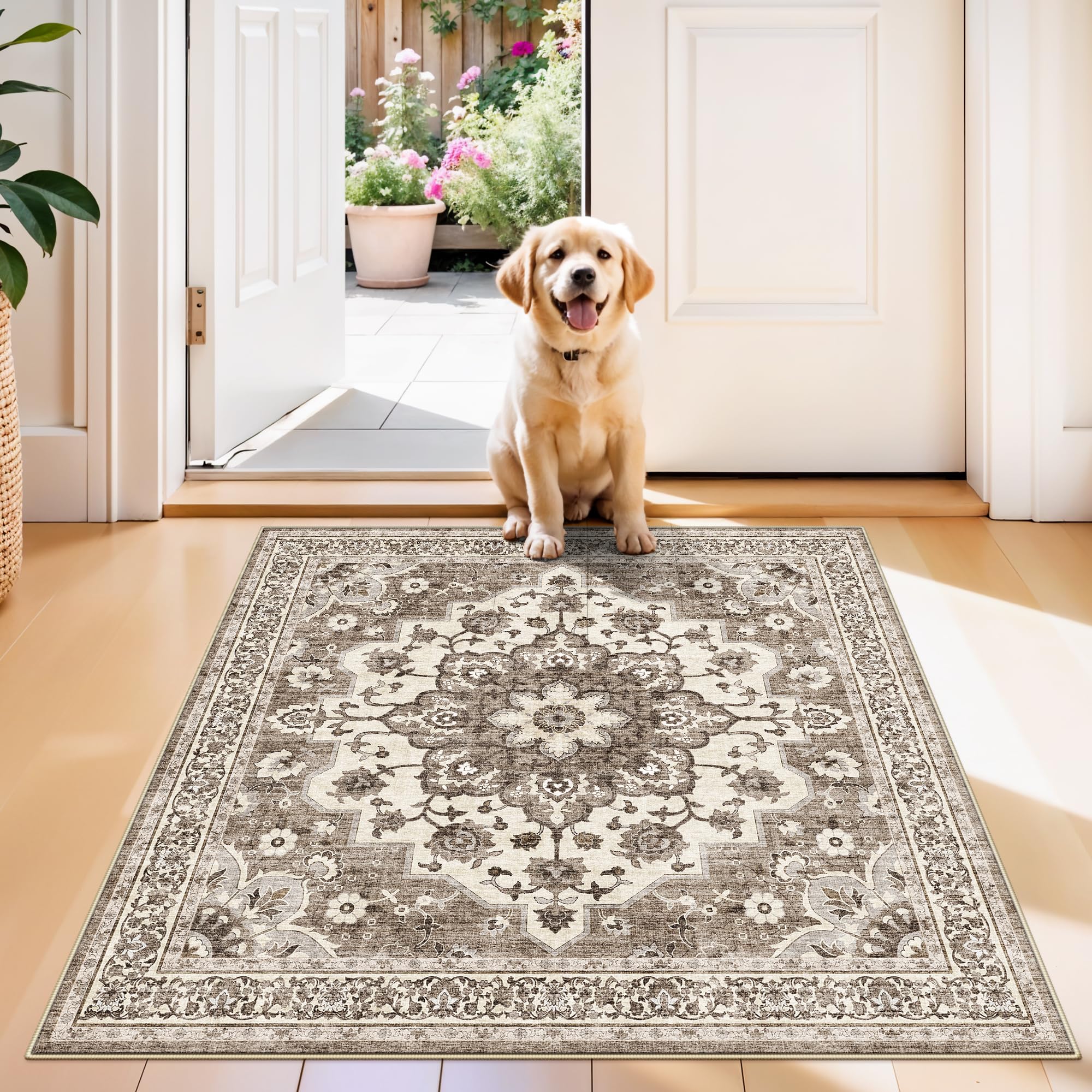 TOPRUUG Beige Washable Entry Rug - 3x3 Area Rugs for Kitchen Bedroom Bedside Bathroom Entryway Non Slip with Rubber Backing Low 