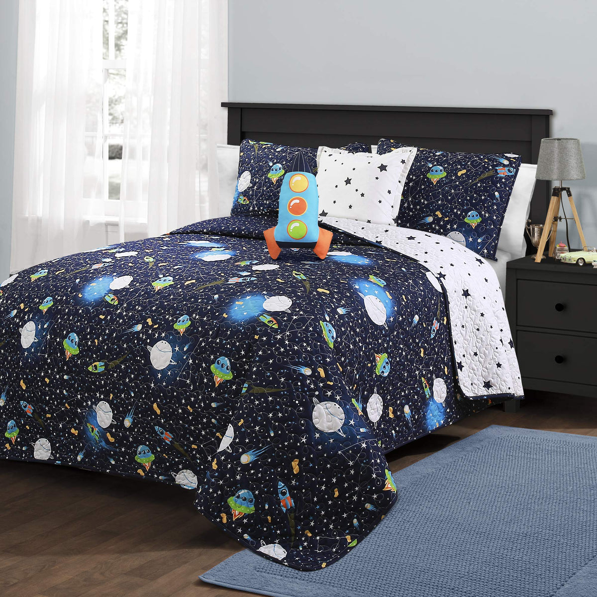 Lush Decor Twin-Navy Universe Quilt | Outer Space Stars Galaxy Planet Rocket Reversible 4 Piece Bedding Set For Kids
