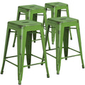 4 Pk. 24 High Backless Distressed Green Metal Indoor Counter Height Stool