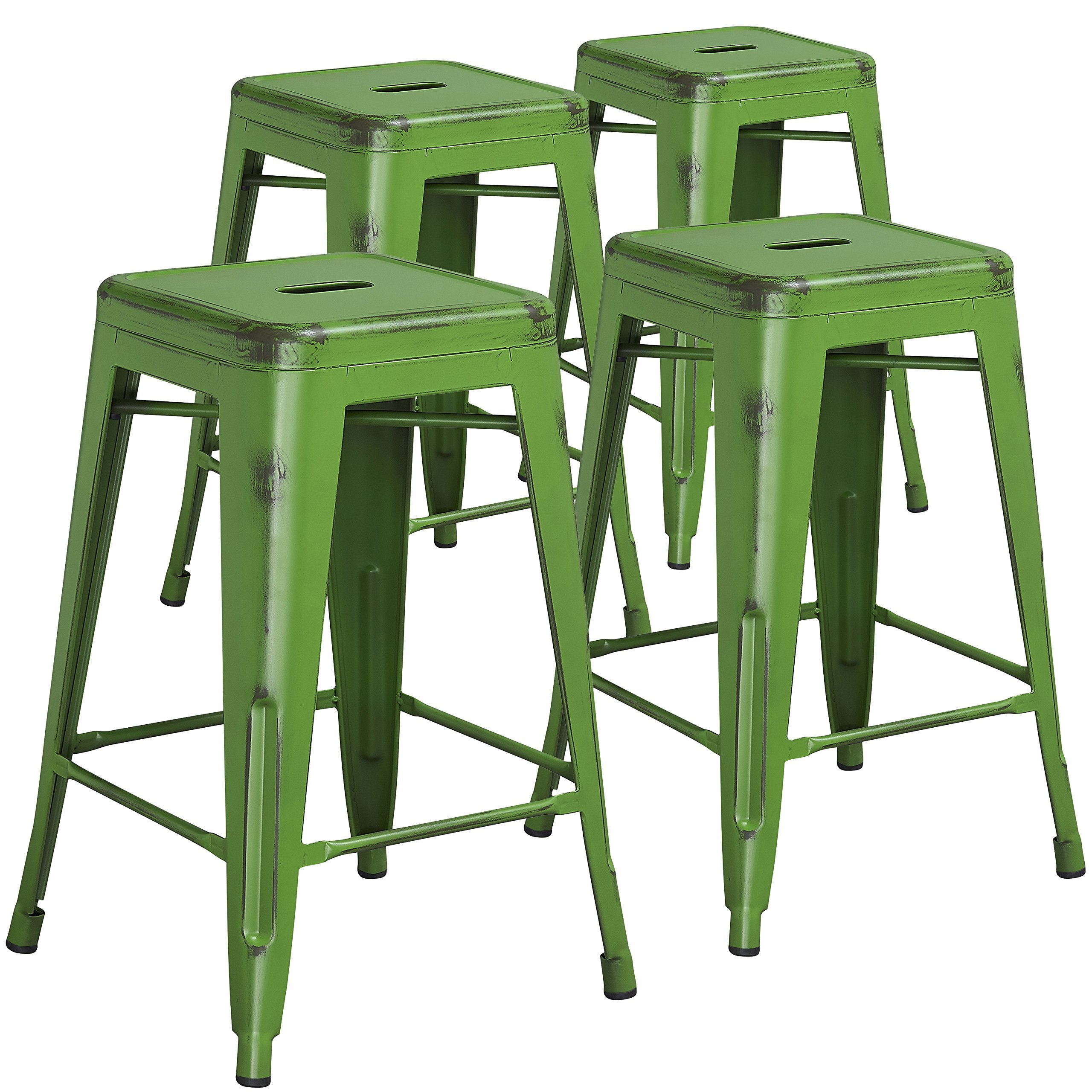 4 Pk. 24 High Backless Distressed Green Metal Indoor Counter Height Stool