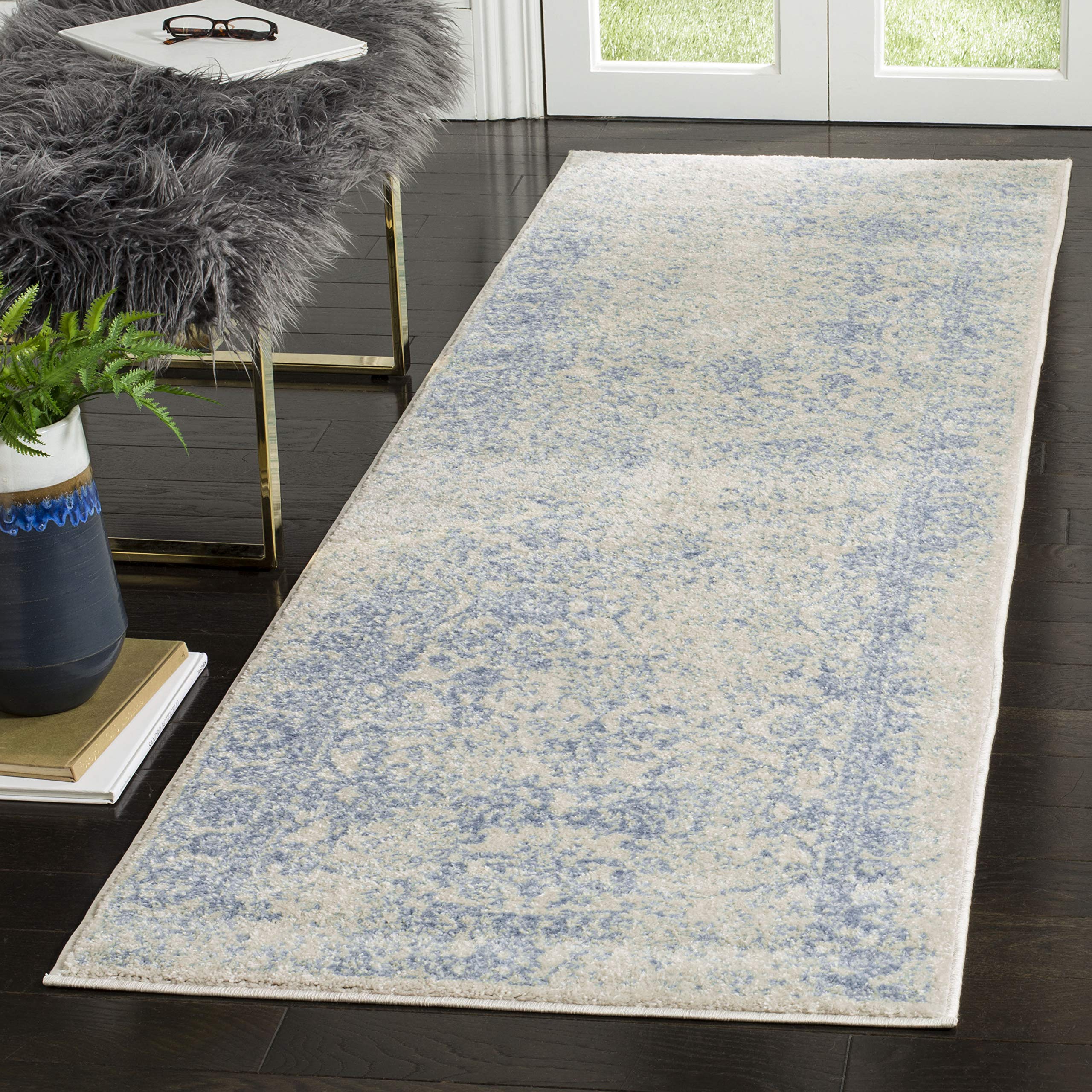 SAFAVIEH Adirondack Collection Runner Rug - 26 x 8, Ivory & Light Blue, Oriental Distressed Design, Non-Shedding & Easy Care, 