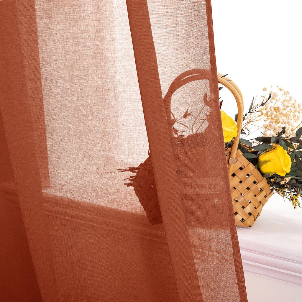 Miulee Terracotta Linen Textured Sheer Curtains 2 Panels For Bedroom/Living Room Semi Transparent Voile Rust Boho Farmhouse Fall Decor Window Drapes Rod Pocket, W 54 X L 90 Inches Long