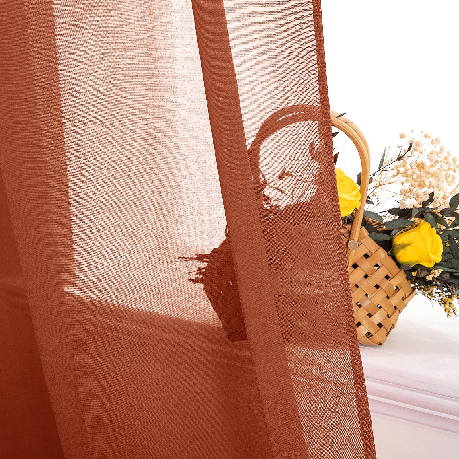 Miulee Terracotta Linen Textured Sheer Curtains 2 Panels For Bedroom/Living Room Semi Transparent Voile Rust Boho Farmhouse Fall Decor Window Drapes Rod Pocket, W 54 X L 90 Inches Long
