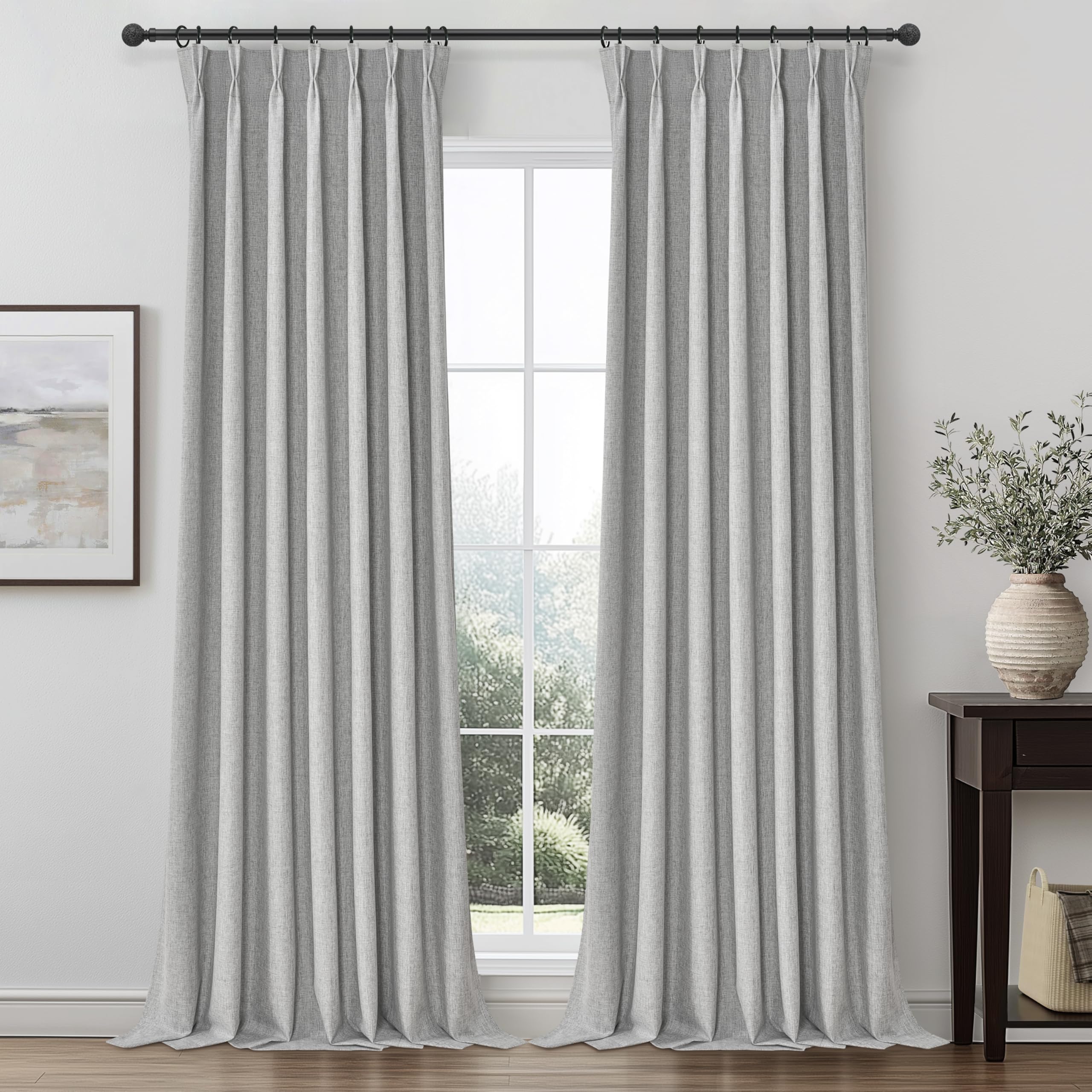 Grey Black Out Curtains 92 Inch Long for Living Room, Pinch Pleated Flax Linen Modern Insulated Drapes with Hooks Bedroom Curtai