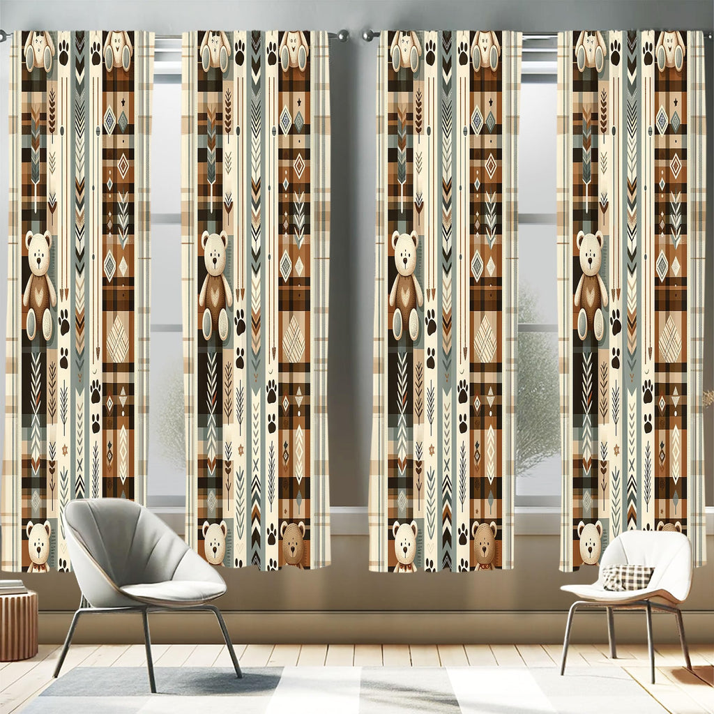 Ambesonne Bear Window Curtains Pack of 2, Modern Scandi Arrow and Leafy Plaid Ornate with Cartoon Paws Earthy Tones, Lightweight