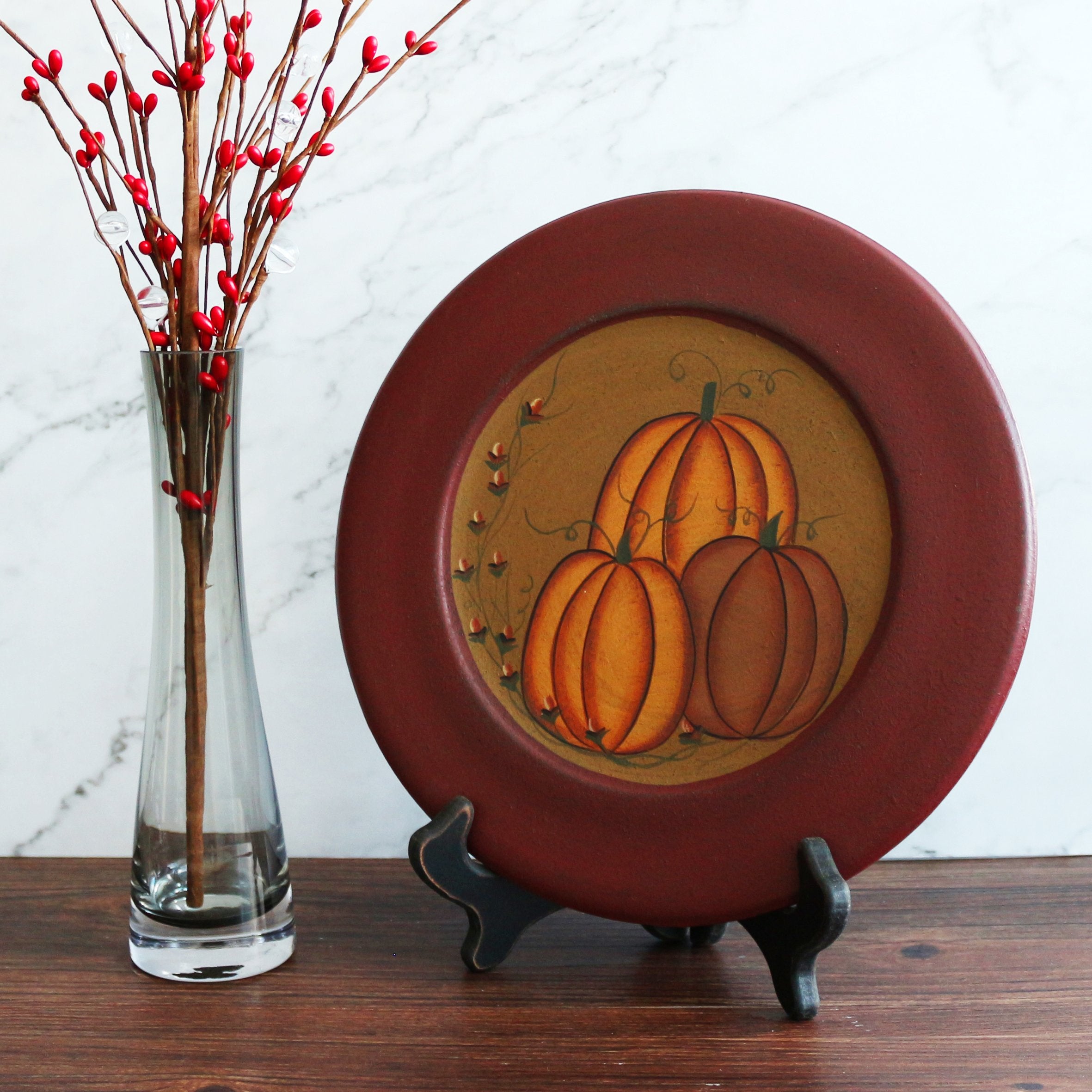 Cvhomedeco. Primitive Antique Pumpkin Painted Wood Decorative Plate Halloween Display Wooden Plate Home D  Cor Art, 9-3/4 Inch