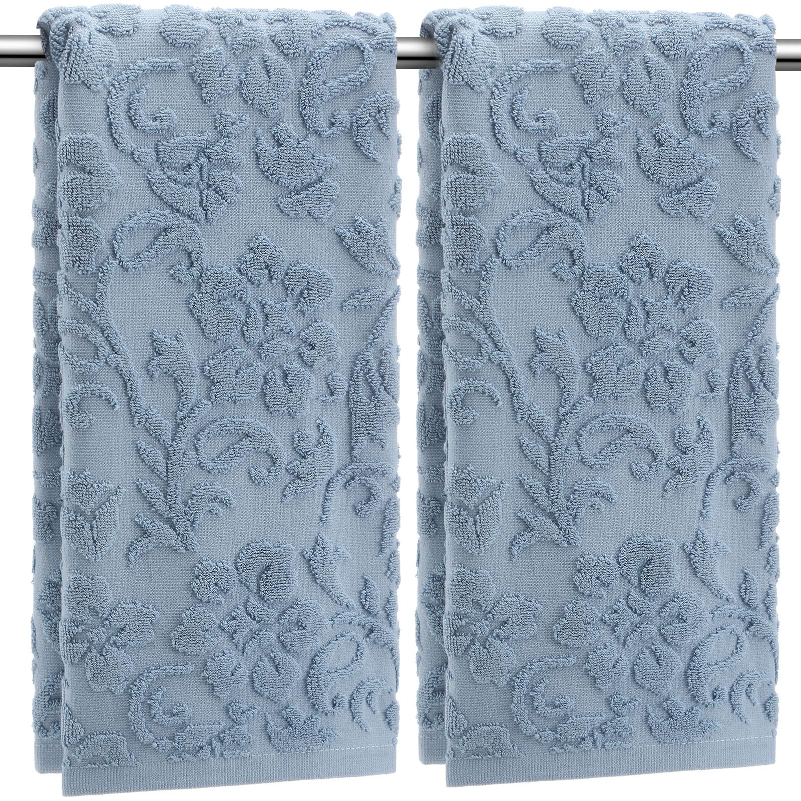 SmoothNovelty 2 Pcs Quality Floral Jacquard Hand Towels Set for Bathroom Blue Hand Towels 100% Cotton Absorbent Decorative Weave