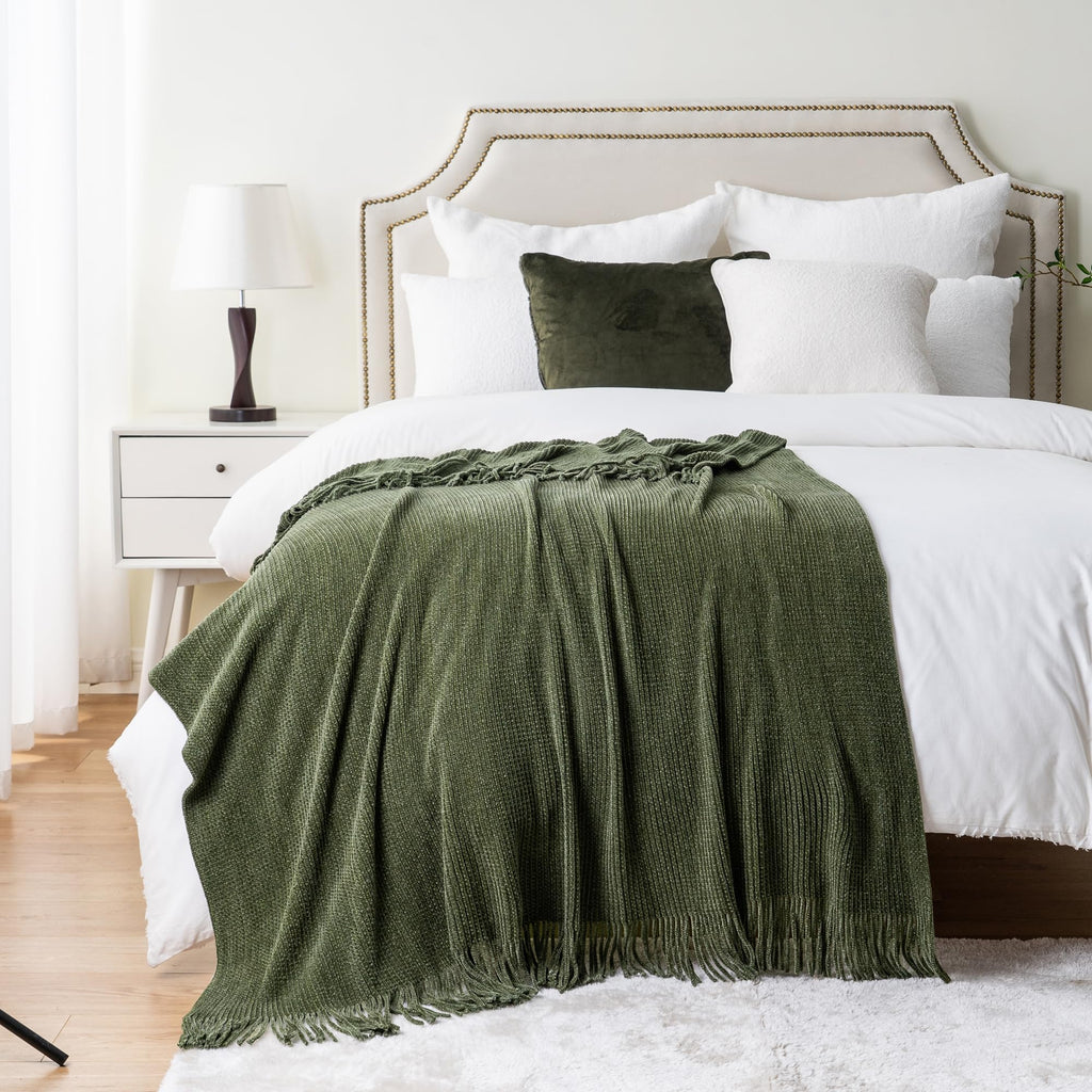 Battilo Home Olive Green Throw Blanket For Couch, Soft Chenille Knit Throws With Tassels For Home Decor, Green Throws For Couch